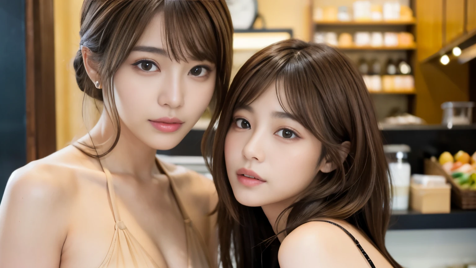 (masterpiece:1.3)、(8k、Photorealistic、Raw photo、highest quality: 1.4)、(1 Japanese girl)、Beautiful Face、(A vivid face)、(brown hair:1.5)、(Medium Hair)、(One eye is hidden by bangs:1.5)、Realistic brown eyes、Beautiful details、(real skin)、Beautiful skins、Absurd、attractive、Embarrassing、High resolution、Surreal、High Detail、Golden Ratio、Fashion magazine photoshoot in cafe、neat clothes