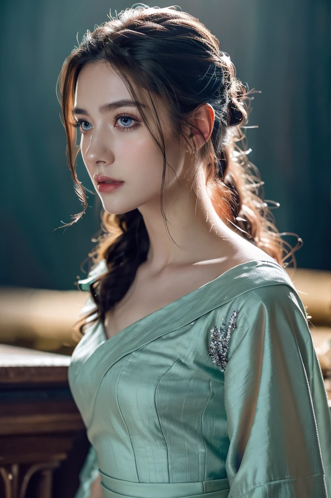 ( masterpiece, top quality, best quality,8k,17 years old girl,ultra detailed,raw photo:1.5),(photorealistic:1.4),(cinematic lighting), PerfectNwsjMajic, , Surrealism, UHD, ccurate, Super detail, textured skin, High detail, Best quality, dynamic angle, (high nose,White skin),[Beautiful blue eyes],[flat chest:large breasts:0.5],(1girl),(good anatomy:0.5)),a woman in a dress with a sword, a beautiful fantasy empress, ((a beautiful fantasy empress)), beautiful fantasy maiden