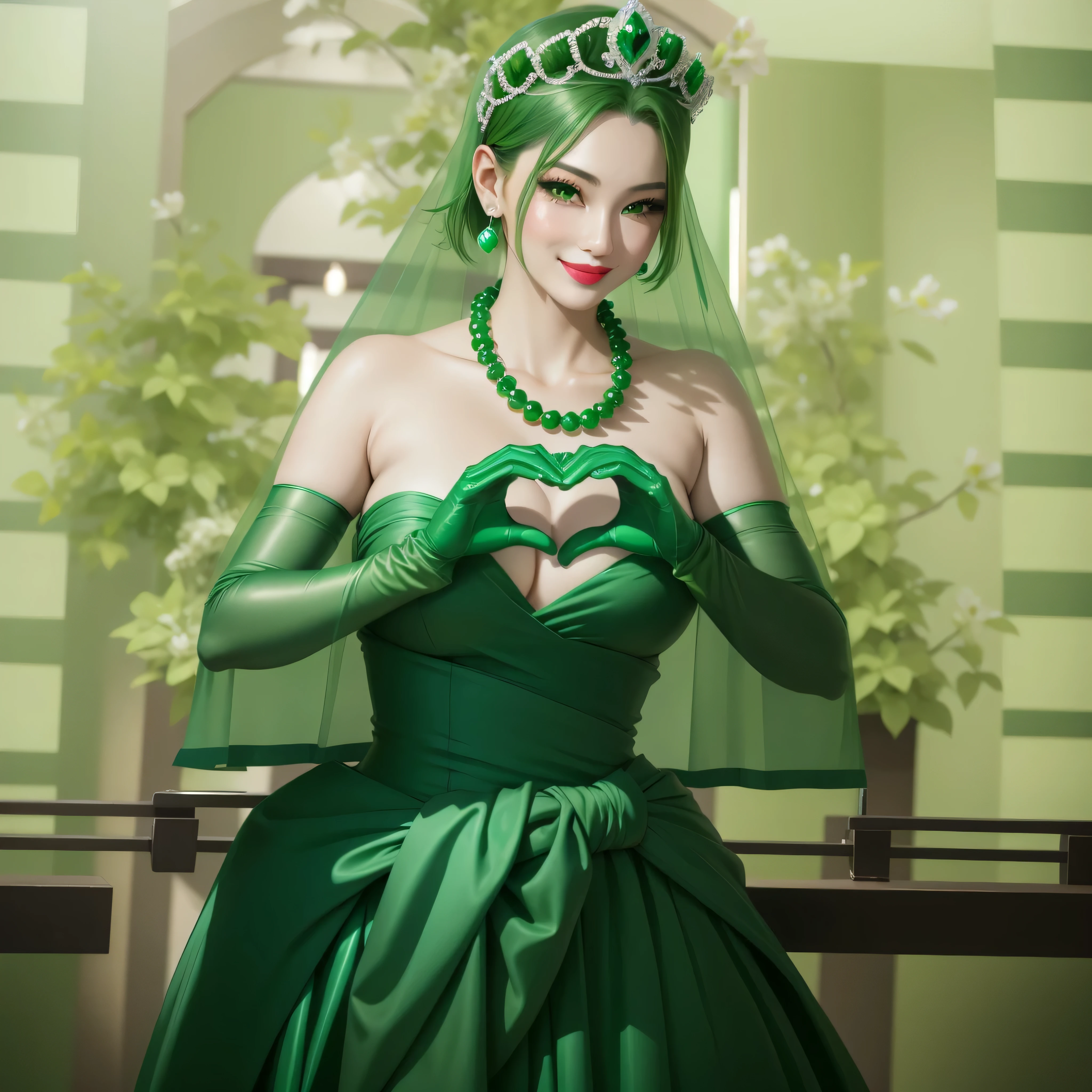 Emerald Tiara, Green Pearl Necklace, boyish very short green hair, Green Lips, Smiling Japanese woman, Very short hair, Beautiful woman with big breasts, Green Eyes, Green satin long gloves, Green Eyes, Emerald Earrings, Green Vale, Heart with both hands, Green Hair, Beautiful Japanese Women, Heart shaped hands:1.3, green lip gloss