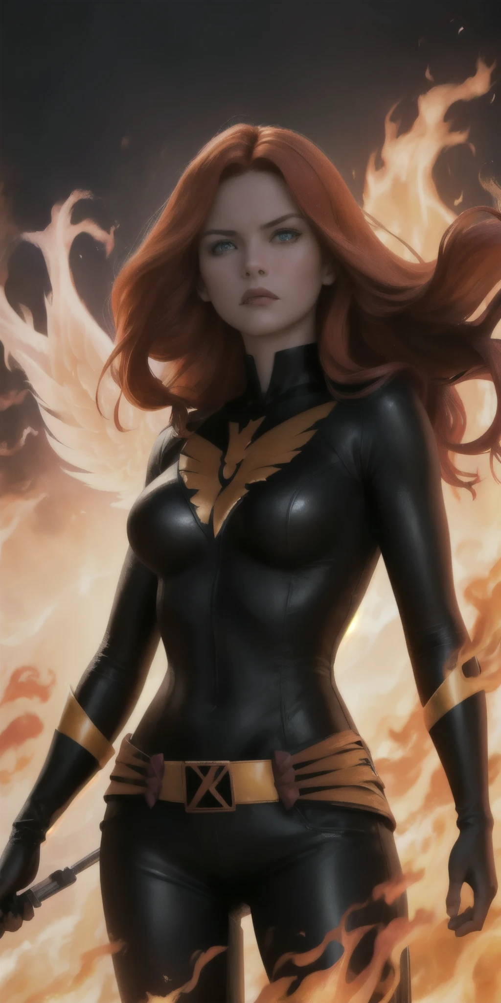A girl with fiery red hair wearing a sleek black costume, Jean Grey transforms into the powerful Phoenix. Her eyes glow with intense fire, and her lips are beautifully detailed. The focus is on her face, capturing her determined expression and the intense emotions within her. The artwork is created in a medium that combines traditional illustration with elements of digital painting and 3D rendering, resulting in a visually stunning and dynamic composition. The scene is set against a backdrop of flames and destruction, symbolizing the immense power and struggle that Jean Grey faces as the Phoenix. The image is of the best quality, with ultra-detailed features and realistic rendering. The colors are vivid and intense, emphasizing the fiery nature of the Phoenix. The lighting is dramatic and dynamic, with a spotlight illuminating Jean Grey and casting shadows that enhance the intensity of the scene.