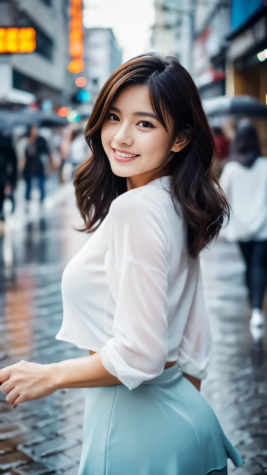 ((Top quality, 8K, Masterpiece: 1.3)), Concentration: 1.2, Perfect body beauty: 1.4, Butt: 1.2, ((Layered cut, Breasts: 1.2)), (Wet clothes: 1.1), ( Rain, street: 1.3), white blouse, blue culotte skirt: 1.1, highly detailed face and skin texture, fine eyes, double eyelids, fair skin, smile, Japanese beauty, perfect face, perfect body line, smile,