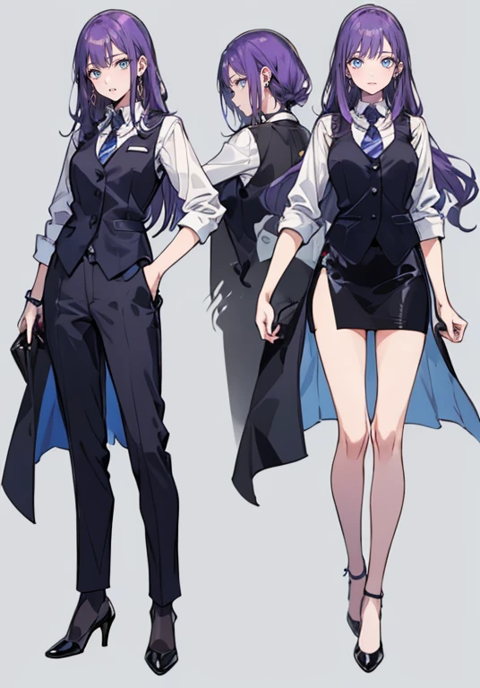 ((Perfect Face)),Purple Hair,voluminous long hair,Adult female bartender,suit,Black vest,Shirt with rolled up sleeves,tie,slit,High heels,,((Simple Background)),smile,((whole body)),((whole body)),Portraiture,virtual,upright,,both arms are down,Standing upright with face and body facing forward,