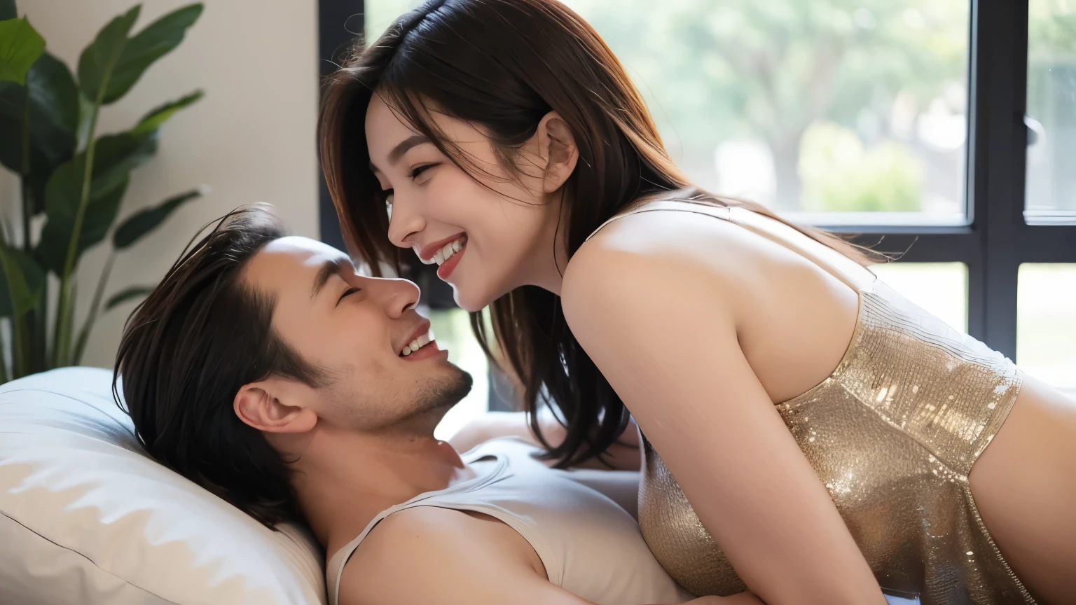 man and girl looking at each others eyes , laughing ,flirting