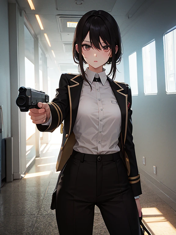 woman slender Slender Small waist Medium chest uniform uniform Half naked Completely naked Light clothing Handgun 2Ding Pistol Backwards Landscape Prone Huge vibrator Giant