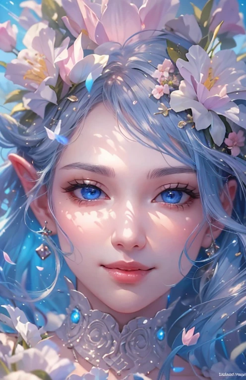 (masterpiece、8k、highest quality)、smiling smile、Detailed face、Detailed blue eyes、Close up portrait of woman in foam dress, Fantastic fairy tale, Beautiful fantasy art, Dreamy details, So magical and dreamy, Fantasy Beautiful, fairy tale artwork, very Beautiful fantasy art, fairy tale style, Heavenly Beauty, beautiful princess, Beautifully detailed fantasy, Beautiful digital artwork, Fantasy fairy tale, WLOP |, Fantastic fantasy, Ethereal!!!!!!!, Ethereal!!!