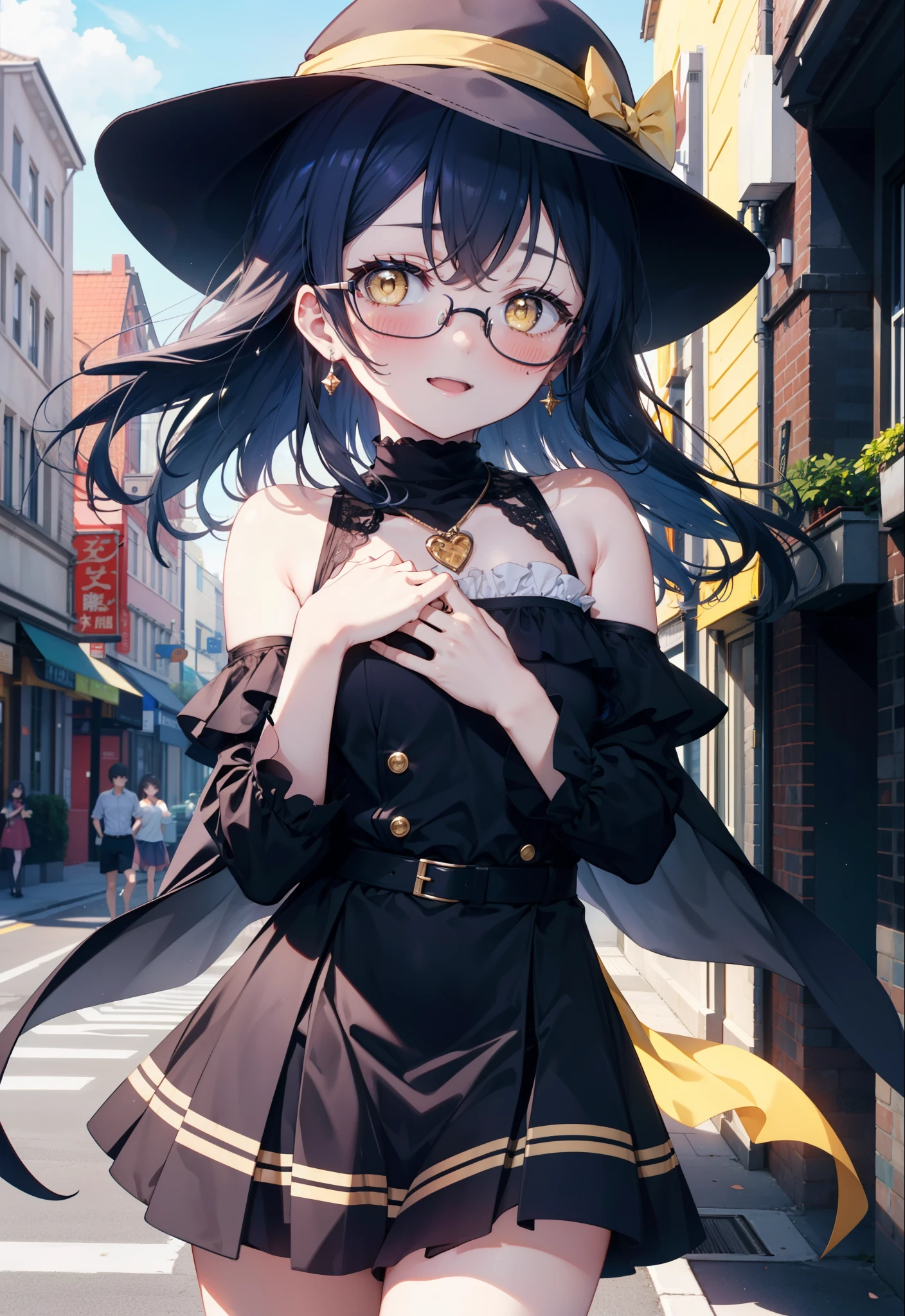 you are so kind, umi sonoda, Long Hair, Blue Hair, (Yellow Eyes:1.5) (Flat Chest:1.2),Black-rimmed glasses,smile,blush,Open your mouth,Headlock,Blue Hat,Blue long skirt one-piece dress,Cute Sandals,Bare shoulders,Bare arms,bare clavicle,Bare neck,Heart Necklace,Clear skies,Daytime,Light of the sun,City Street,whole bodyがイラストに入るように,
break looking at viewer,whole body, (Cowboy Shot:1. 5)
break outdoors, In town,Building district, 
break (masterpiece:1.2), highest quality, High resolution, unity 8k wallpaper, (figure:0.8), (Beautiful fine details:1.6), Highly detailed face, Perfect lighting, Highly detailed CG, (Perfect hands, Perfect Anatomy),