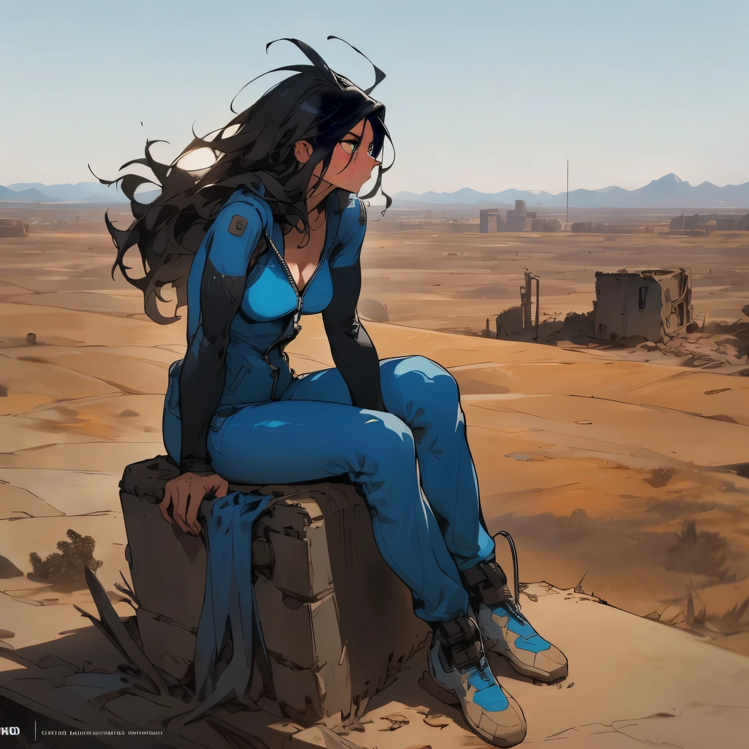 Craft a comic book-style, full-body illustration in HD/4K of a character from the Fallout universe. Depict a woman in her early 30s, seated and taking a rest in the post-apocalyptic wasteland. Her classic blue jumpsuit is partially unzipped, revealing a glimpse of her white sports bra,  as she cools off. With meticulous attention to detail, show her hair flowing in the dusty winds as she overlooks the desolate landscape. This scene captures a moment of solitude and contemplation amidst the unforgiving ruins of the wasteland.