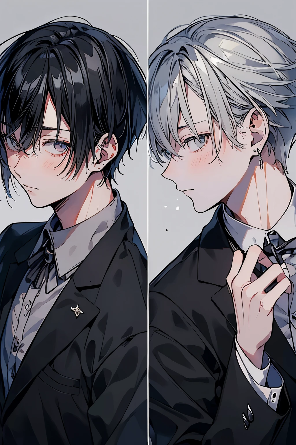 (Mastepiece), (Best Quality), Very detailed, ((Two friendly men)), Perfect Face, Beautiful Face, Very detailed顔,(Black-haired man:1.3),(Grey-haired man:1.3),suit,shirt