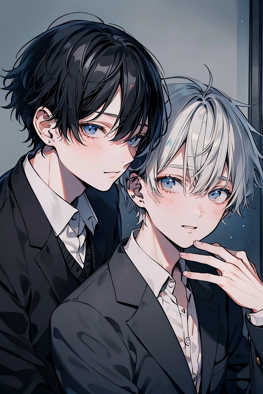 (Mastepiece), (Best Quality), Very detailed, ((Two friendly men)), Perfect Face, Beautiful Face, Very detailed顔,(Black-haired man:1.3),(Grey-haired man:1.3),suit,shirt