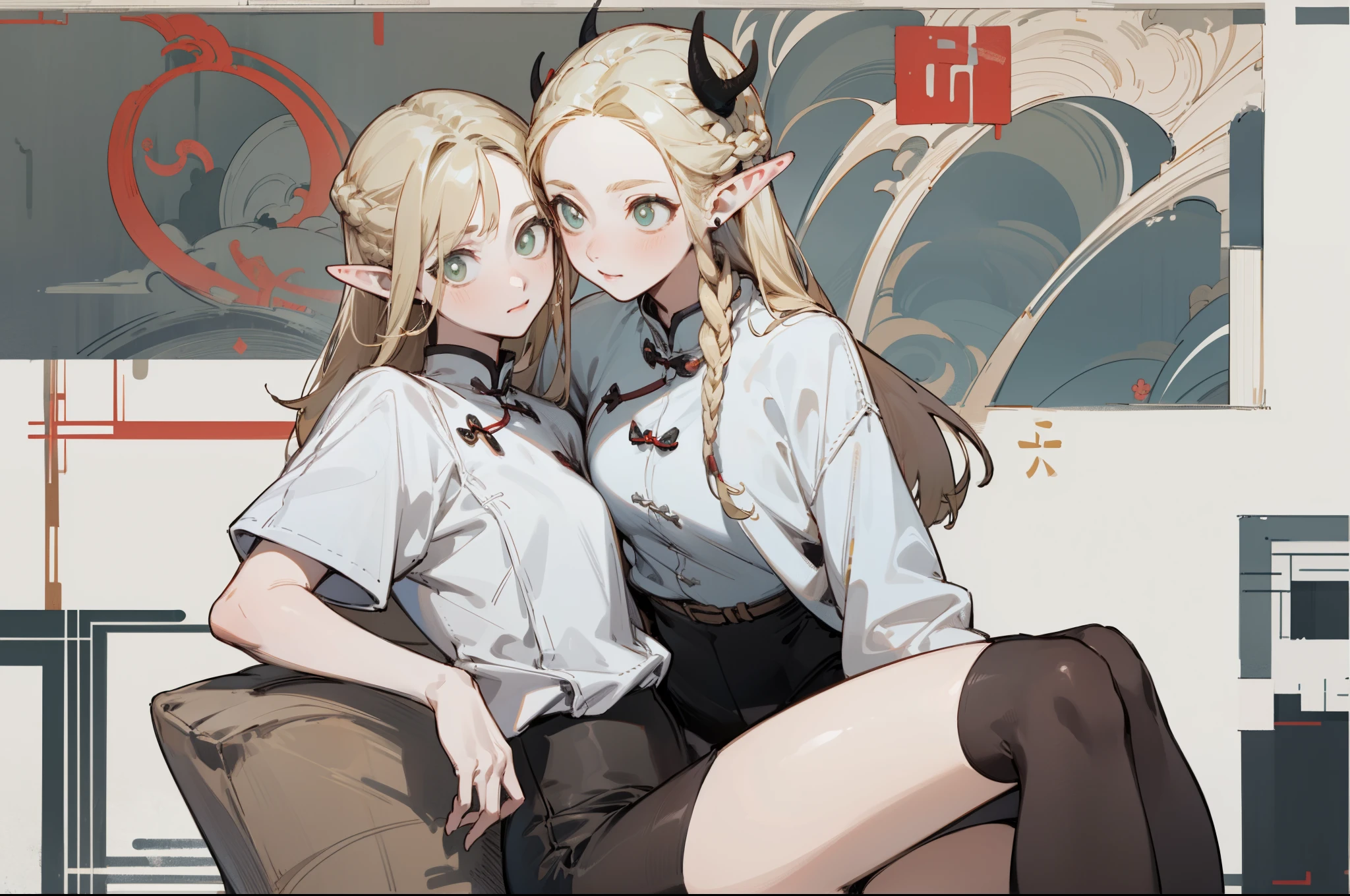 (masterpiece, best quality) detailed, Wearing black tights, silver accessories , Blonde ,elegant, Pointed ears ，Chinese element pattern，thigh，漏出thigh，White shirt，shorts，Succubus