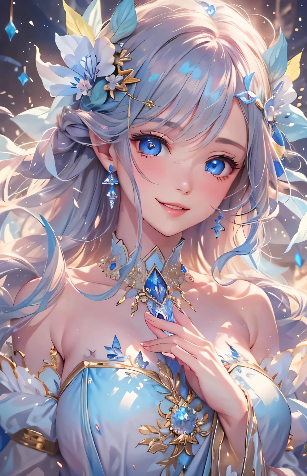 (masterpiece、8k、highest quality)、smiling smile、Detailed face、Detailed blue eyes、Close up portrait of woman in foam dress, Fantastic fairy tale, Beautiful fantasy art, Dreamy details, So magical and dreamy, Fantasy Beautiful, fairy tale artwork, very Beautiful fantasy art, fairy tale style, Heavenly Beauty, beautiful princess, Beautifully detailed fantasy, Beautiful digital artwork, Fantasy fairy tale, WLOP |, Fantastic fantasy, Ethereal!!!!!!!, Ethereal!!!