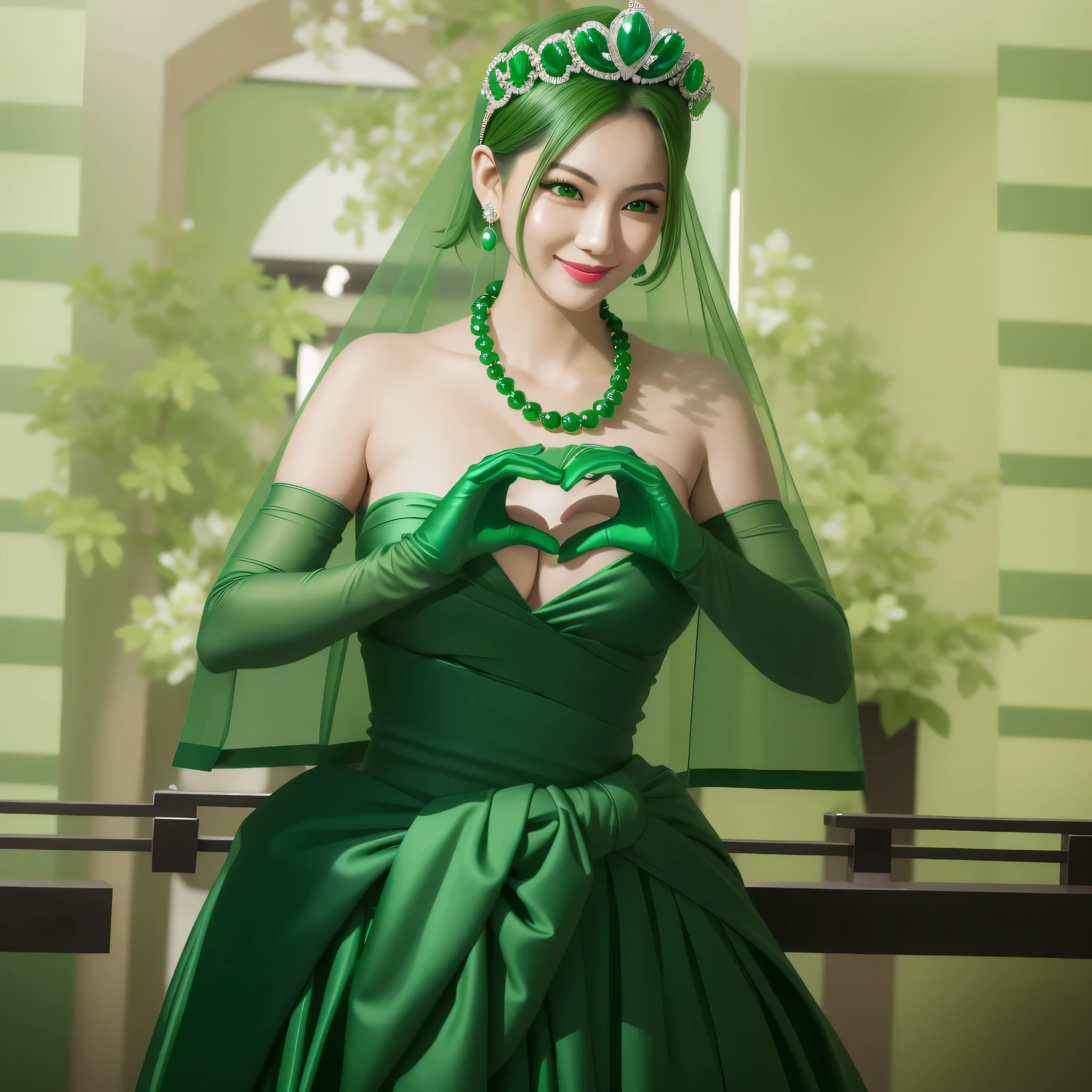 emerald tiara, green pearl necklace, boyish very short green hair, green lips, smiling Japanese woman, very short hair, Beautiful woman with big breasts, green eyes, green satin long gloves, green eyes, emerald earrings, green veil, Heart with both hands, green hair, beautiful japanese woman, heart shaped hands:1.3, green lip gloss