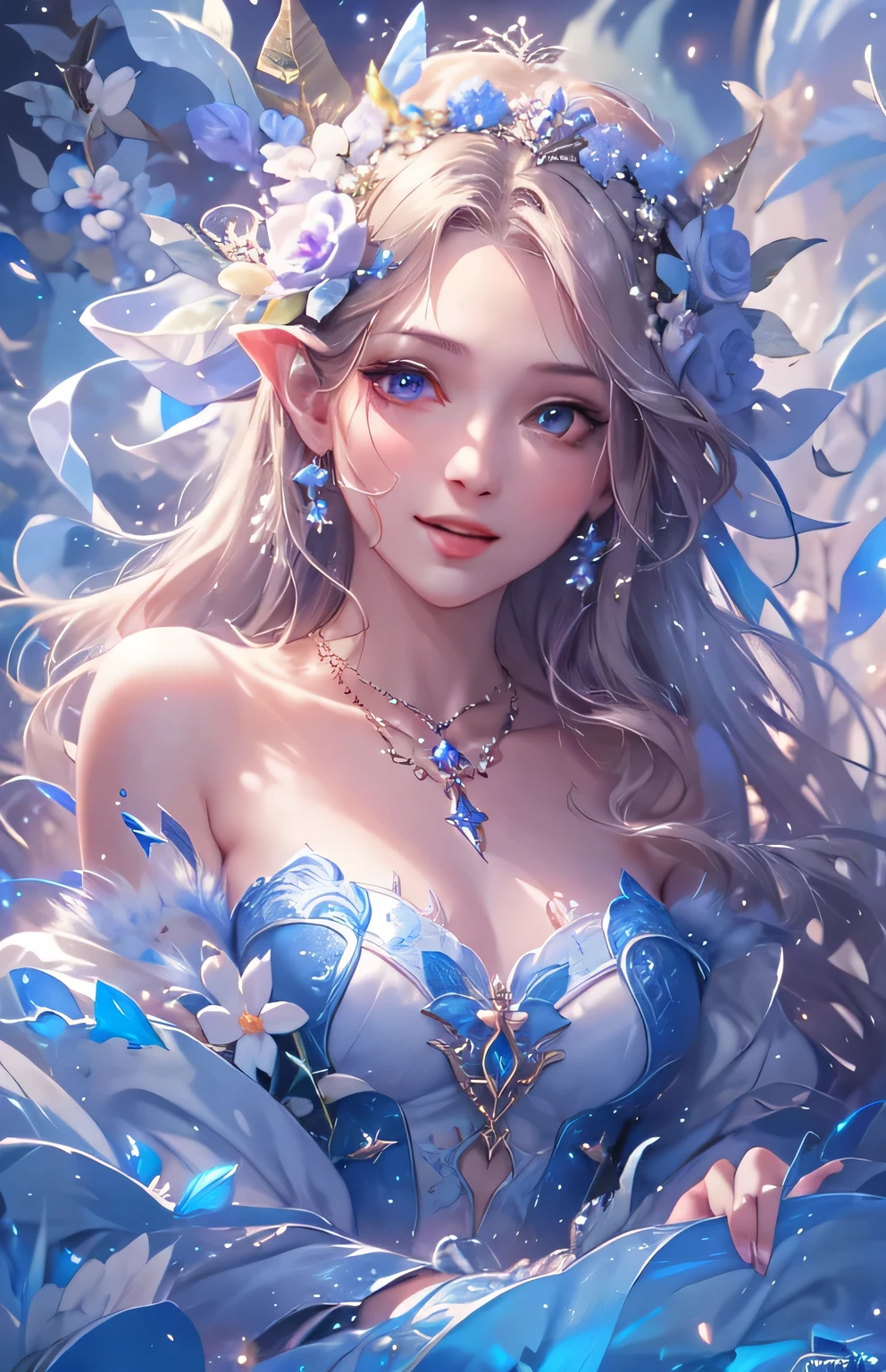 (masterpiece、8k、highest quality)、smiling smile、Detailed face、Detailed blue eyes、Close up portrait of woman in foam dress, Fantastic fairy tale, Beautiful fantasy art, Dreamy details, So magical and dreamy, Fantasy Beautiful, fairy tale artwork, very Beautiful fantasy art, fairy tale style, Heavenly Beauty, beautiful princess, Beautifully detailed fantasy, Beautiful digital artwork, Fantasy fairy tale, WLOP |, Fantastic fantasy, Ethereal!!!!!!!, Ethereal!!!