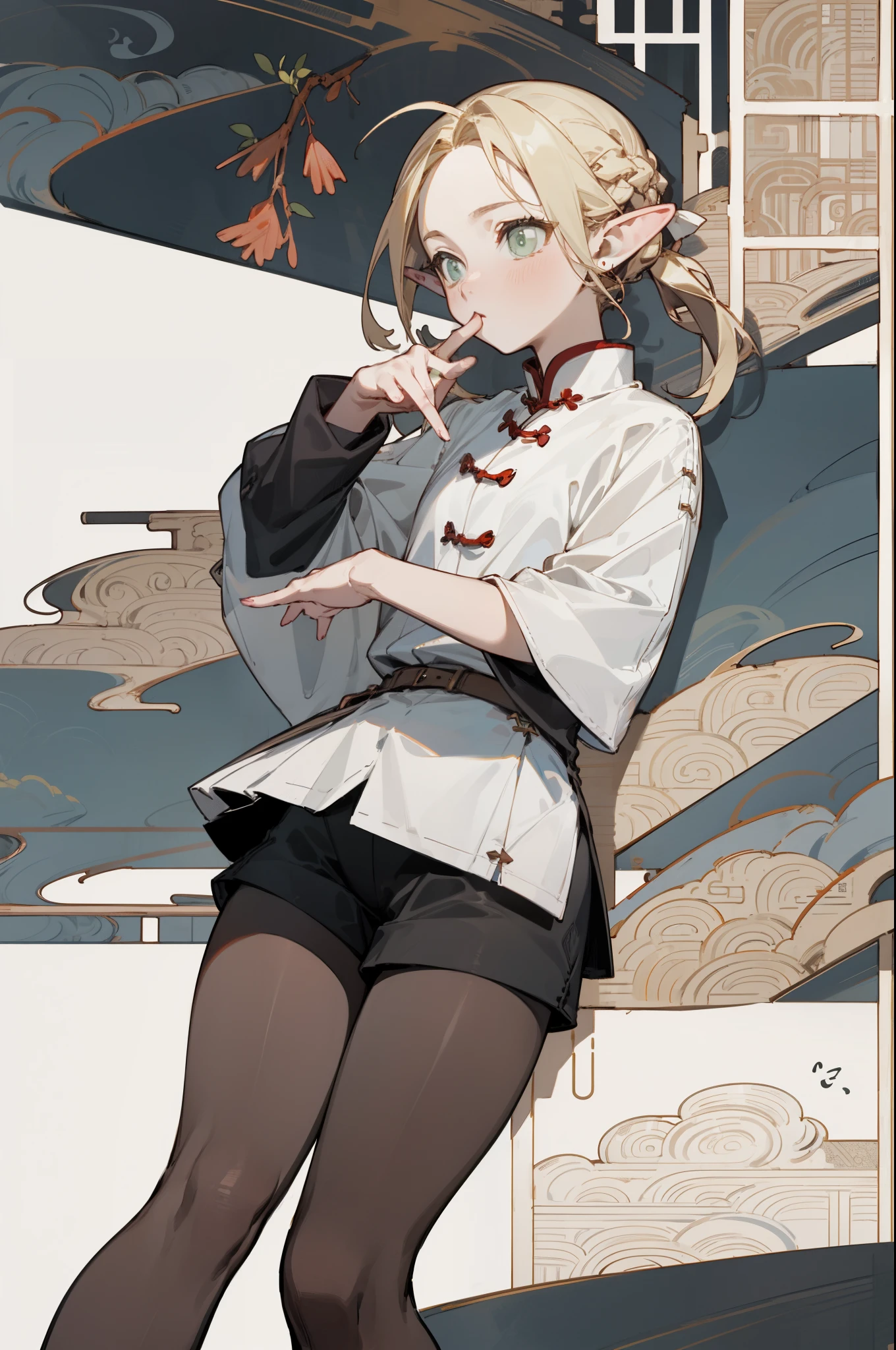 (masterpiece, best quality) detailed, Wearing black tights, silver accessories , The zipper is not closed , Blonde ,elegant, (Fox ears)，Red Eyeshadow, ，Chinese element pattern，thigh，漏出thigh，White shirt，whole body