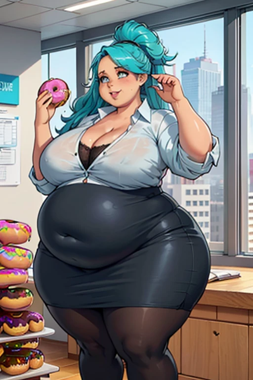 high_aesthetic, art by Kipteitei, 1girl, (aqua blue hair), long wavy hair, hair up, blue eyes, black pencil skirt, dress shirt, cleavage, black tights, happy expression, ((((fatblob)))), (wide_hips), (stuffed_belly), ((holding donut)), fancy office background with lots of windows, (((fully clothed))), (best quality, masterpiece)