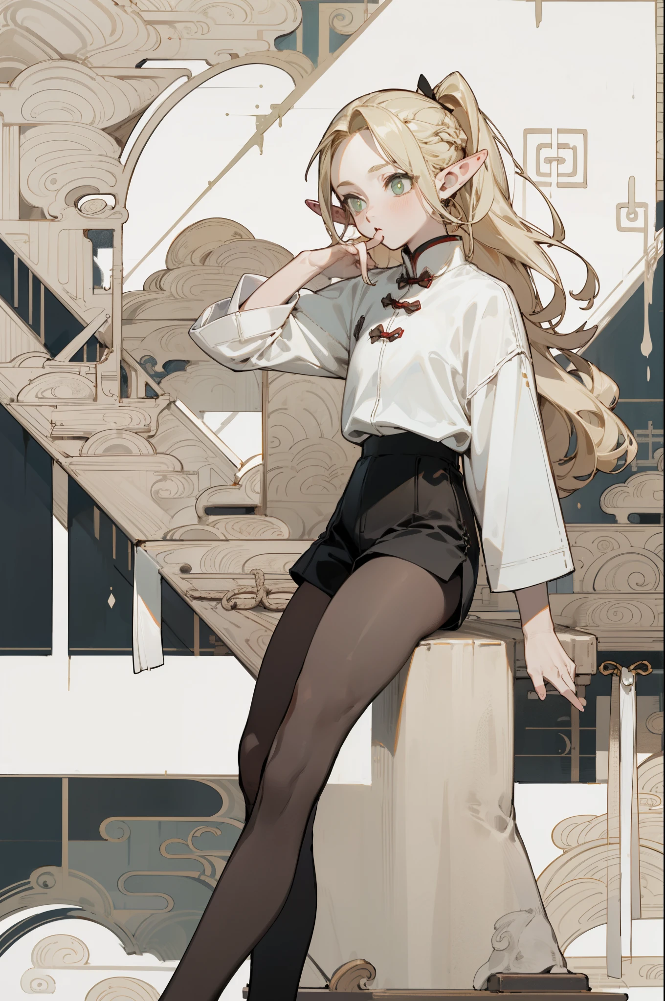 (masterpiece, best quality) detailed, Wearing black tights, silver accessories , Blonde ,elegant, Pointed ears ,Chinese element pattern,thigh,漏出thigh,White shirt,shorts