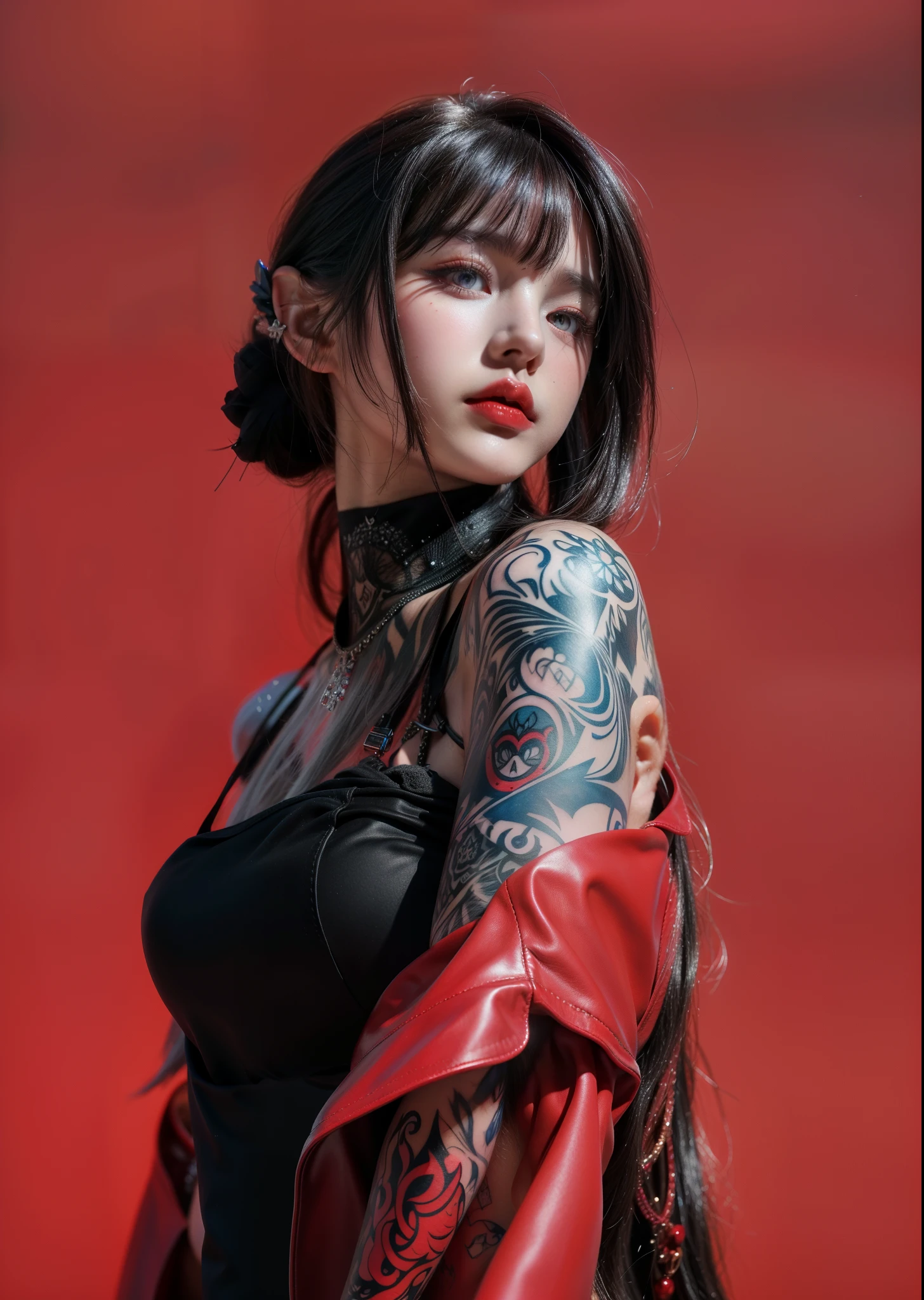 Tattoo girl, Very beautiful, super long hairstyle, messy hair, killing intent, Handsome man, betrayal, irate, Dark background, 8K, Dynamic Wallpapers, Very delicate, Very dense, dinamic pose, dinamic style, masterpiece, gangsta, mafia, tatto body, mafia tatto, beautiful, ethernal beautiful, beauty mafia, boss, blood, in the mafia headquarter, blood dress, a lot tatto, perfect face, seductive pose, sexy mafia, close up