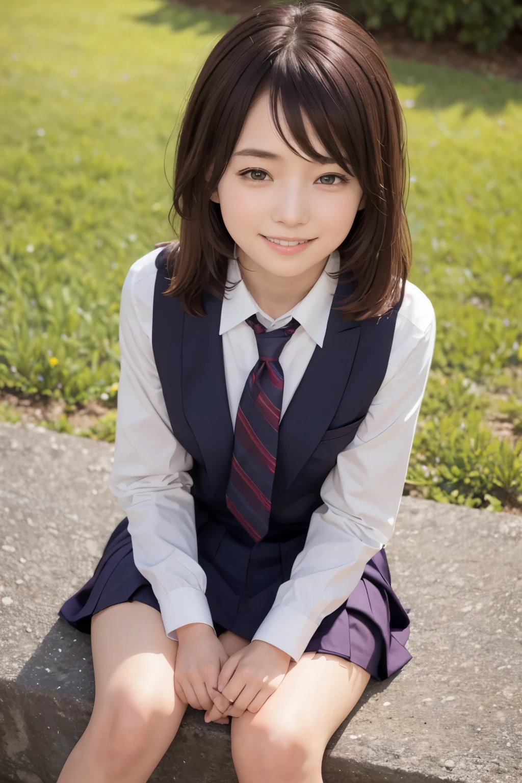 1girl,((school uniform)),light smile, sitting,outdoors,