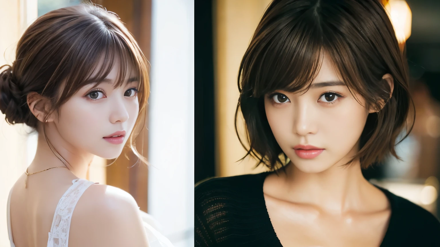 (masterpiece:1.3)、(8k、Photorealistic、Raw photo、highest quality: 1.4)、(1 Japanese girl)、Beautiful Face、(A vivid face)、(brown hair:1.5)、(Medium Hair)、（One eye is hidden by bangs：1.5）、Realistic brown eyes、Beautiful details、（real skin）、Beautiful skins、Absurd、attractive、Embarrassing、High resolution、Surreal、High Detail、Golden Ratio、Fashion magazine photoshoot in cafe、neat clothes、Short Hair