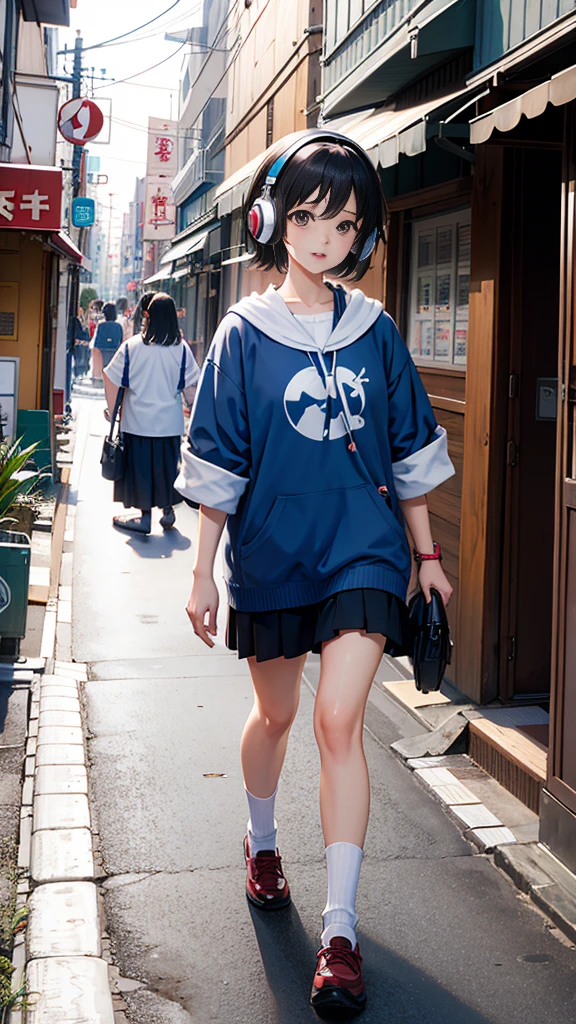 (masterpiece), (highest quality:1.4), (Ultra-high resolution:1.2), Highly detailed background, (unity 8k wallpaper), Cute high school girl wearing headphones walking through the streets of Tokyo。Illustrations inspired by city pop culture、、Wear loose socks for a stylish and nostalgic look、Display one subject without splitting the screen