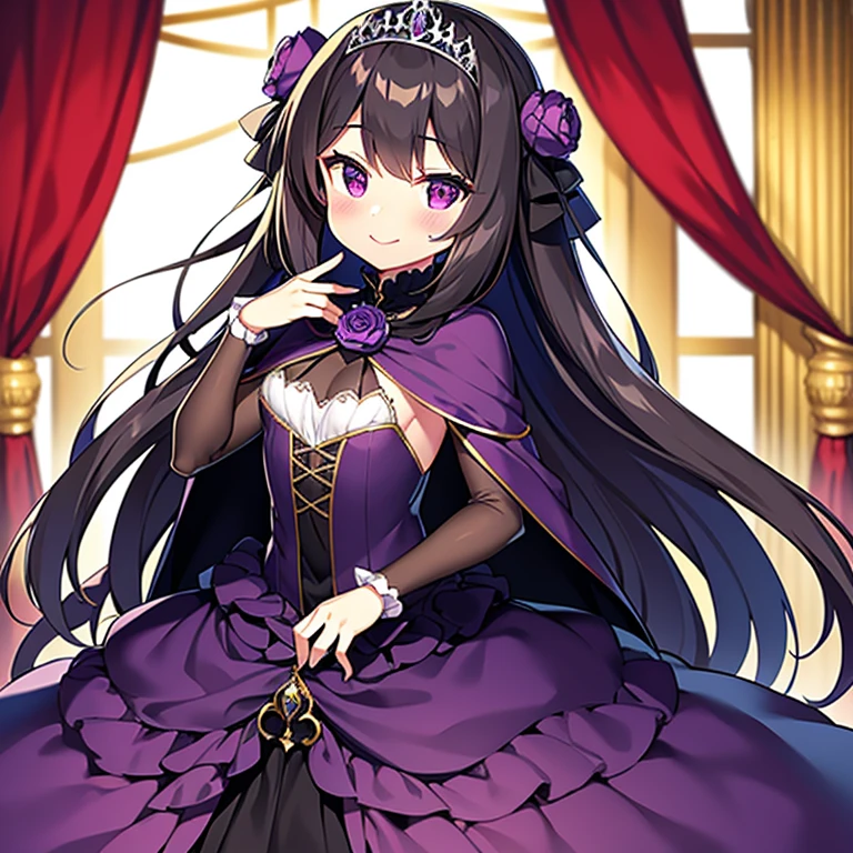 (kawaii),(best quality),(ultra detailed), upper body,(rococo style),(long train dark violet cape:1.15), very long cape,(long train dark violet ball gown with flower decorations), a girl is wearing a cape over her gown, 1  princess, tiara, smile, small breasts, very long hair