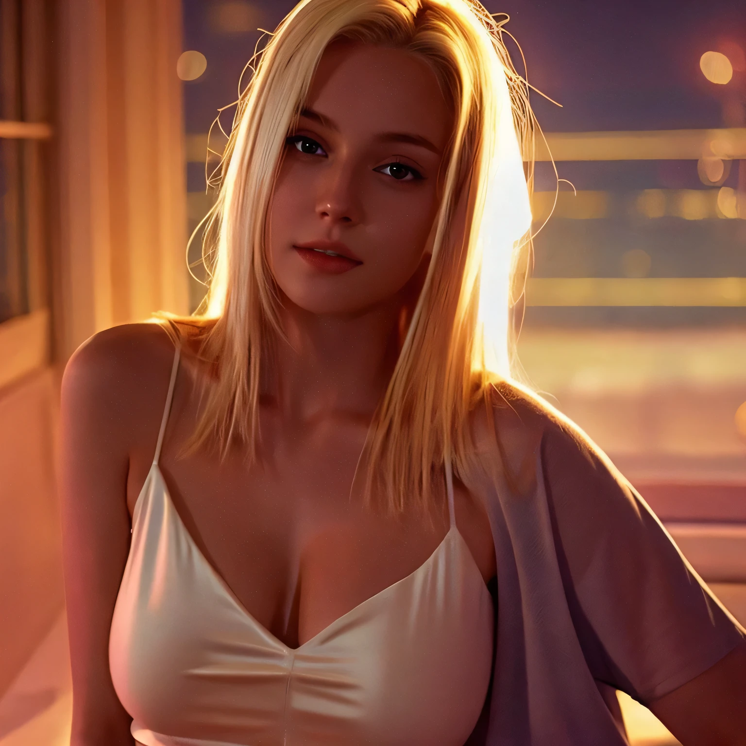 Digital art, high contrast, 1 girl, denim, solo, white silk shirt, long sleeves, no bra, outdoors, pants, jeans, blonde hair, looking at viewer, a hint of a smile graces her lips, realistic, ponytall, blue eyes, long hair, night, shirt tucked out, bare shoulder, photo background, lips , t-shirt, night, moon light, no bra, nipples visible, The soft curve of her cheeks meets the sharp angles of determination, sexy, small firm breasts