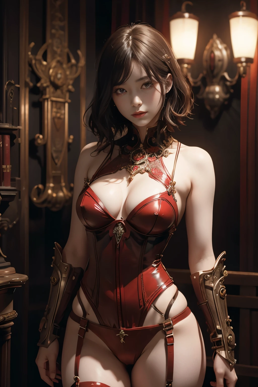 A Japanese girl 、short chestnut hair、 ((Ultra-Realistic Details)) 、 Portrait 、 Global Illumination 、 Shadow 、 Octane Rendering 、 8K 、 ultra sharp 、 、 Red leather corset and panties 、garter belt、 Cybernetic costume details 、 Very intricate detail 、 Realistic Light 、 Trends in CG、Golden Eyes、Sparkling Eyes、facing the camera、Neon Details、Visible cleavage、A mechanical accessory worn on the neck、Standing pose、Esbian all over、The background is a steampunk room、Beautiful long legs