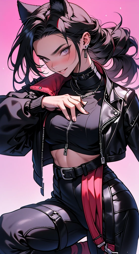 beautiful young female warrior fighter with cat ears on her head, com rosto bem detalhado e bonito, belos olhos, belos olhos, rosto lindo, beautiful young woman wearing long black leggings with black details, mini saia curta, usando jaqueta de couro preta, standing in a castle, usando bota preta, cabelo comprido com franja preto, ,orelhas de gato, belo sorriso, tomboy, um pouco musculosa,suter branco com cinta em volta, olhar serio,usando jaqueta de couro preto, com ombreiras de prata nos ombros, leather jacket