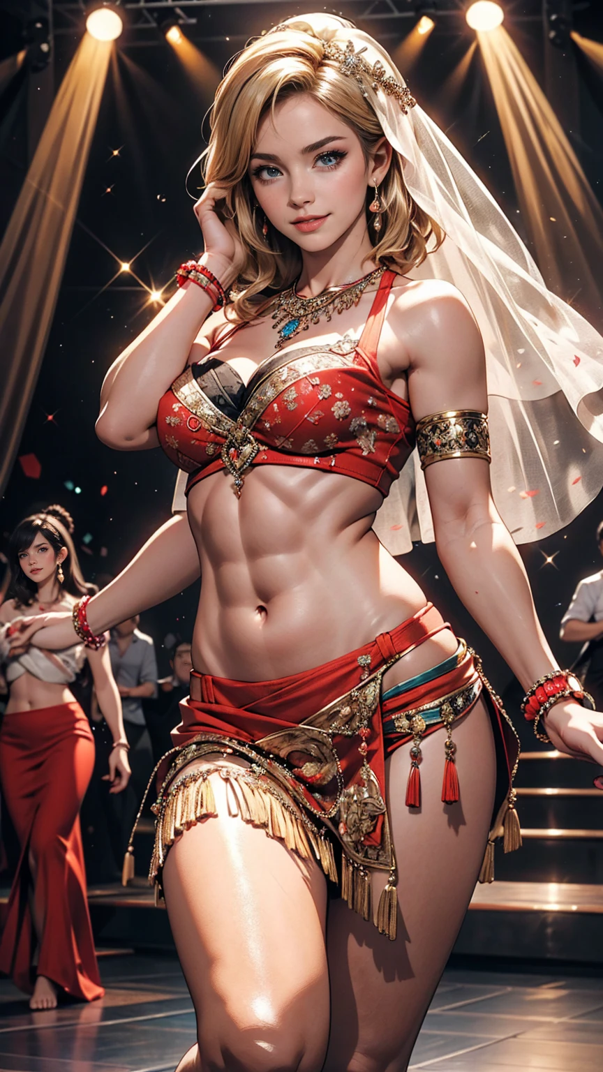 ((最high quality, 8K, masterpiece: 1.3, Ultra HD, high quality, 最high quality, High resolution, realism)) 、25-year-old Caucasian female、Platinum Blonde、blue eyes、long hair、smile、slender、slenderだがアスリートのような細マッチョ、I want my head to stay off screen、Wear accessories on your wrist、Wearing red nail polish、I have a peticure、Wear a colorful belly dance costume、Being barefoot、Beautiful breasts、Beautiful buttocks、Beautiful waistline、smile、I&#39;m on a dance stage under the spotlight、belly dance vigorously、A veil on my head、hide one&#39;s face with a veil、Wiggle your hips、Sensual、Lively、Great style、My abs are ripped