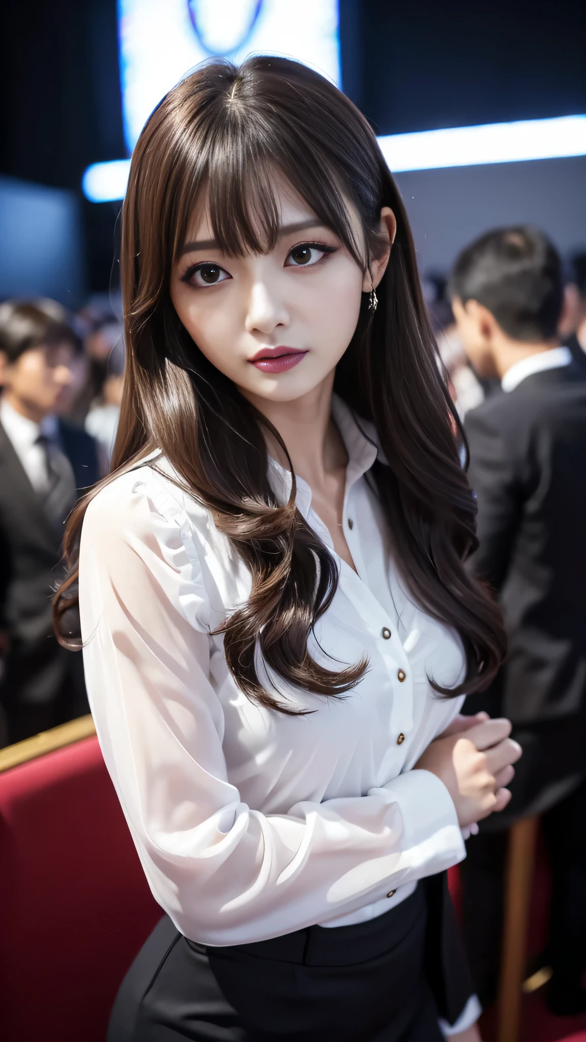 tra-detailed、Japanese、Attractive beauty、seductive adult woman、Pretty Woman、cool girl、brown hair、wavy hair、swept bangs、piercing eyes、hollow eyes、half-closed eyes、Hollow Eyes、Purple Eyeshadow、black lipstick、black lip gloss、dark makeup、smirk、Whisper in my ear、Evil expression、suit、Jacket、White blouse、Tight Skirt、Black Ribbon、pantyhose、Tight Skirt、Evil cadres、Fallen into evil、brainwash、mind control、evil、Church at night、Swear allegiance、Are standing、Seductive Pose