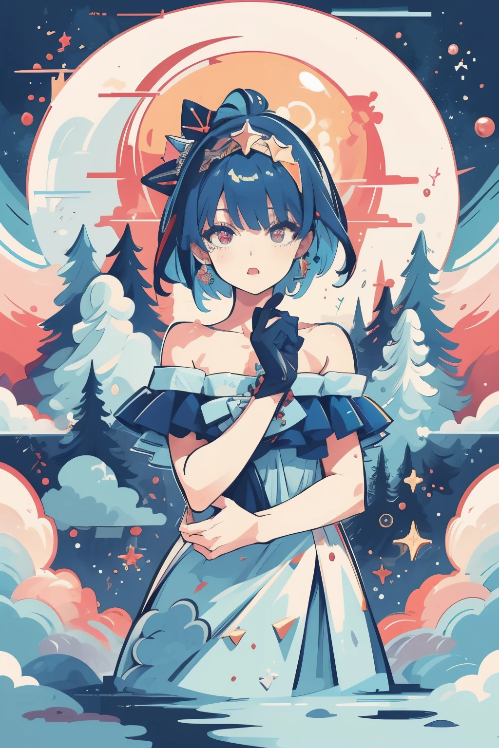 Blue hair girl, Many stars around, Wear an off-the-shoulder dress, Lots of stars around, Night scene, multicolored hair, quad drills, short hair, hair bobbles, red hairband, multicolored eyes, open mouth, expressionless, teeth, excited, Baroque, stereogram, halftone, tachi-e, vanishing point, UHD, textured skin, highres, high details, masterpiece