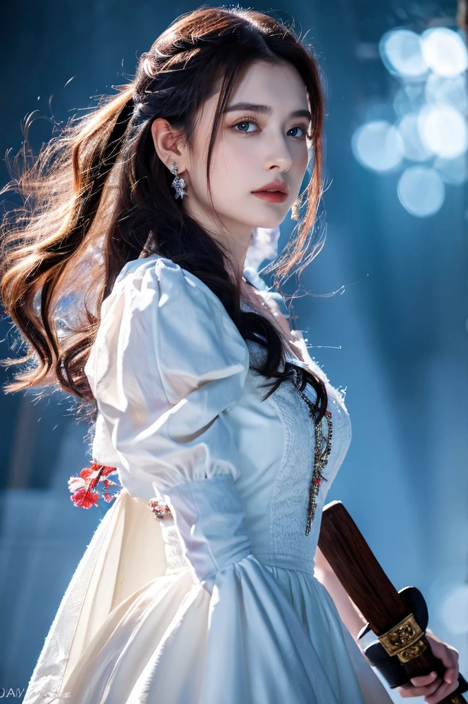 ( masterpiece, top quality, best quality,8k,17 years old girl,ultra detailed,raw photo:1.5),(photorealistic:1.4),(cinematic lighting), PerfectNwsjMajic, , Surrealism, UHD, ccurate, Super detail, textured skin, High detail, Best quality, dynamic angle, (high nose,White skin),[Beautiful blue eyes],[flat chest:large breasts:0.5],(1girl),(good anatomy:0.5)), of a woman in a dress with a sword, a beautiful fantasy empress, ((a beautiful fantasy empress)), beautiful fantasy maiden,snow