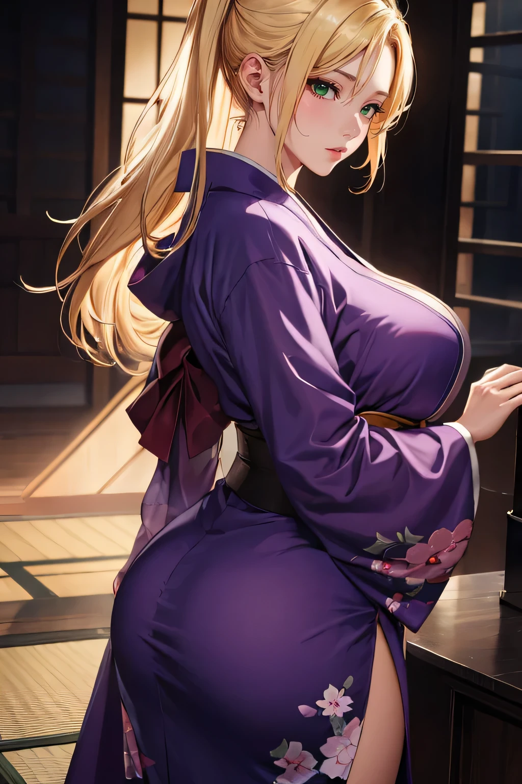 A blonde woman wearing a purple kimono stands in front of the window, Beautiful seductive anime woman, thicc, Robe - Robe. Extremely high detail, Artgerm is very detailed, Blonde goddess, Japanese gods, saggy purple Robe - Robes, com.cutesexyrobutts, High-quality detailed art in 8K resolution, Seductive anime girl, dressed in a Robe - Robe, in dark purple Robe - Robes, In kimono