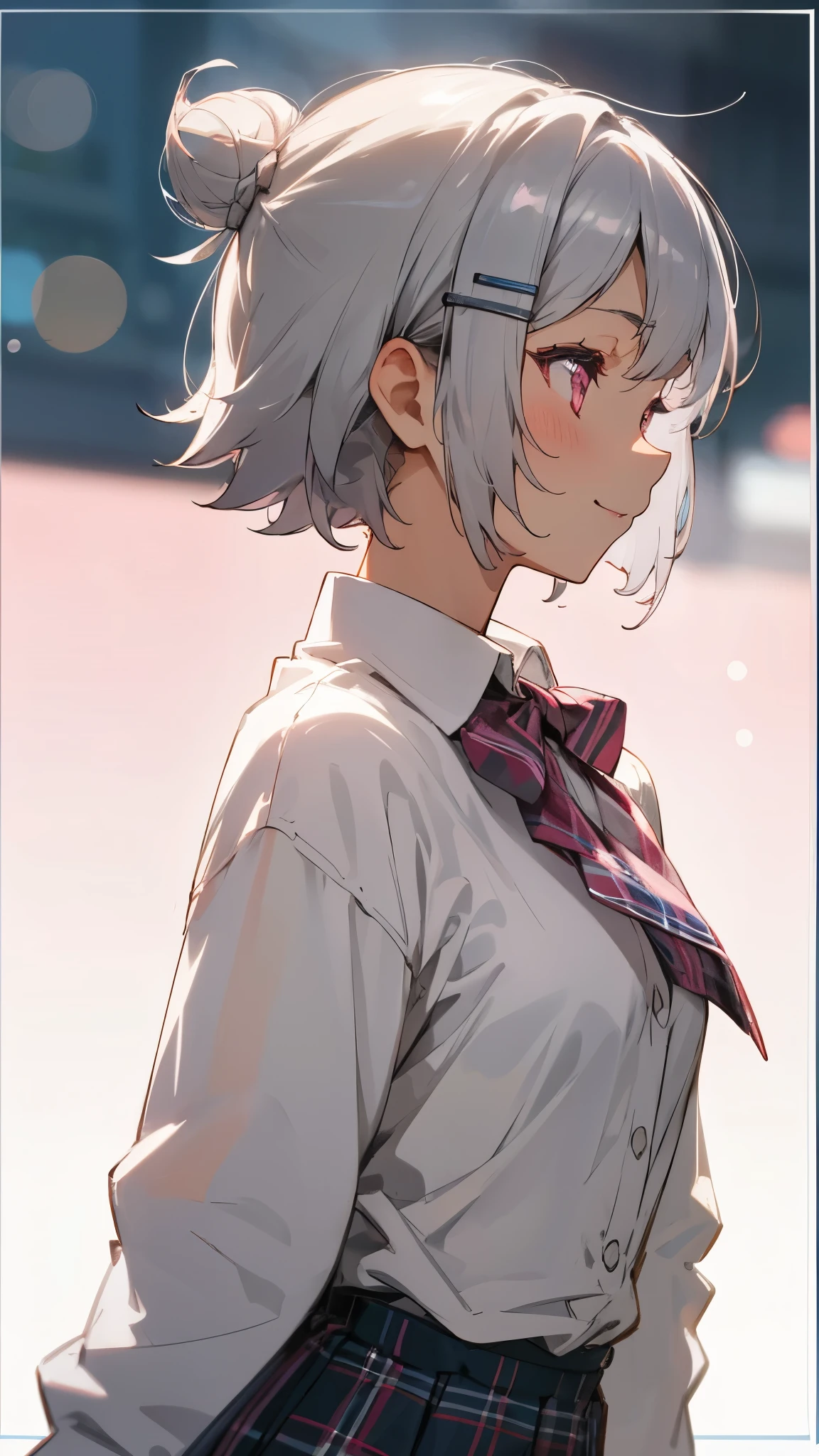 silver short hair and bob hair、I tied my hair in a bun with a hair clip..、Pink Eyes、white blouse shirt、Tartan Skirt、smile、profile、Upper body close-up、Sharp contourorning Cafe Terrace、Background bokeh、Depth of written border