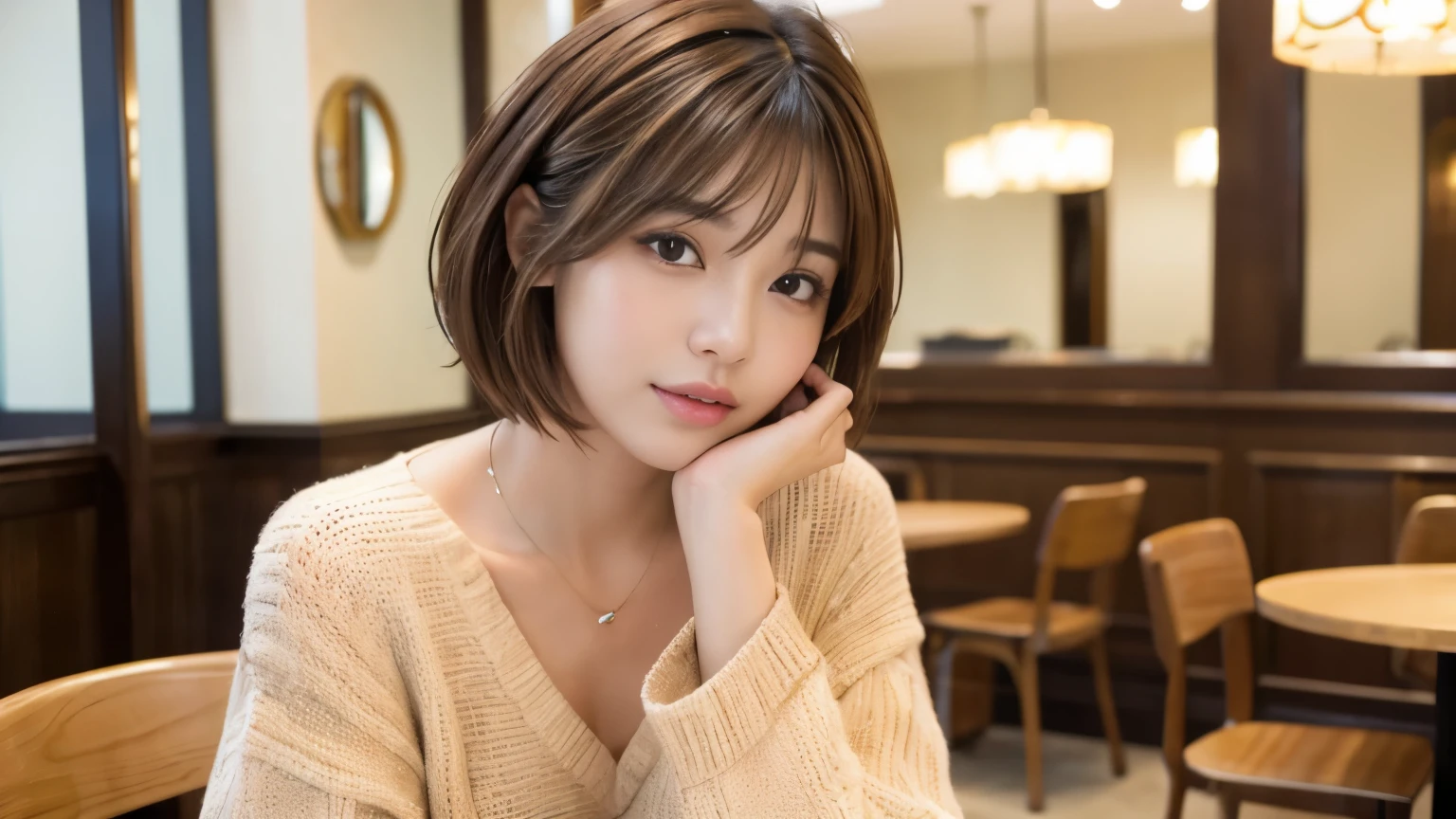 (masterpiece:1.3)、(8k、Photorealistic、Raw photo、highest quality: 1.4)、(1 Japanese girl)、Beautiful Face、(A vivid face)、(brown hair:1.5)、(Medium Hair)、(One eye is hidden by bangs:1.5)、Realistic brown eyes、Beautiful details、(real skin)、Beautiful skins、Absurd、attractive、Embarrassing、High resolution、Surreal、High Detail、Golden Ratio、Fashion magazine photoshoot in cafe、neat clothes、Short Hair