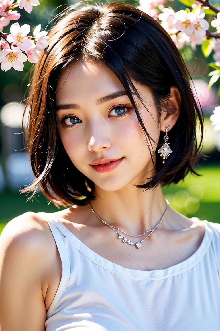 Save this image、Pale face and eyes:1.3、薄くてPale face and eyes:1.3, blue eyes:1.3、{highest quality}, {{masterpiece}}, {Very delicate and beautiful}, Outstanding light and shadow, Highly detailed wallpaper, Sunny and bright sunlight, whole body, whole body、 1 girl, , blush:1.2、Short Bob Hair:1.5, ((Pose that shows from the waist to the shoulders)), Viewed from the front, The composition is symmetrical, // Style 1 girl, (blue eyes:1.5), Thick mascara, Big eyes, Droopy eyes, dark eyeliner, Dark Red Rouge, Red lips, Chic body, Narrow waist, Strong sunlight, (White T-shirt)、Cat illustration in the middle:1.5, Delicate Hair,Realistic skin texture, B cup breasts、visible wrinkles on the skin., Broad shoulders:1.2, ((a strong light shines on your face:1.5)), color々Strike a Pose:1.5, necklace、ring、earrings、歯を見せたsmile:1,5、smile:1.5、Background of a park with cherry blossoms in full bloom:1.5, Ray Tracing、Cowboy Shot:1.5