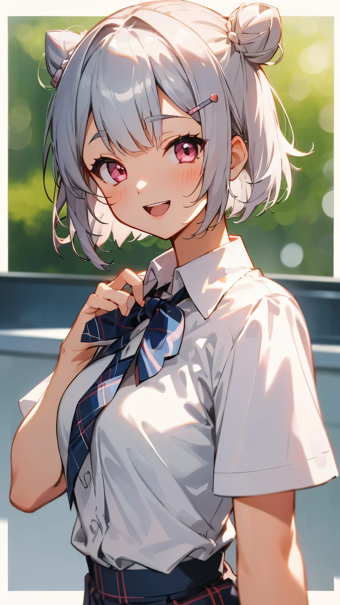 silver short hair and bob hair、I tied my hair in a bun with a hair clip..、Pink Eyes、white blouse shirt、Tartan Skirt、smile、Please open your mouth wide、Upper body close-up、Sharp contourorning Cafe Terrace、Background bokeh、Depth of written border