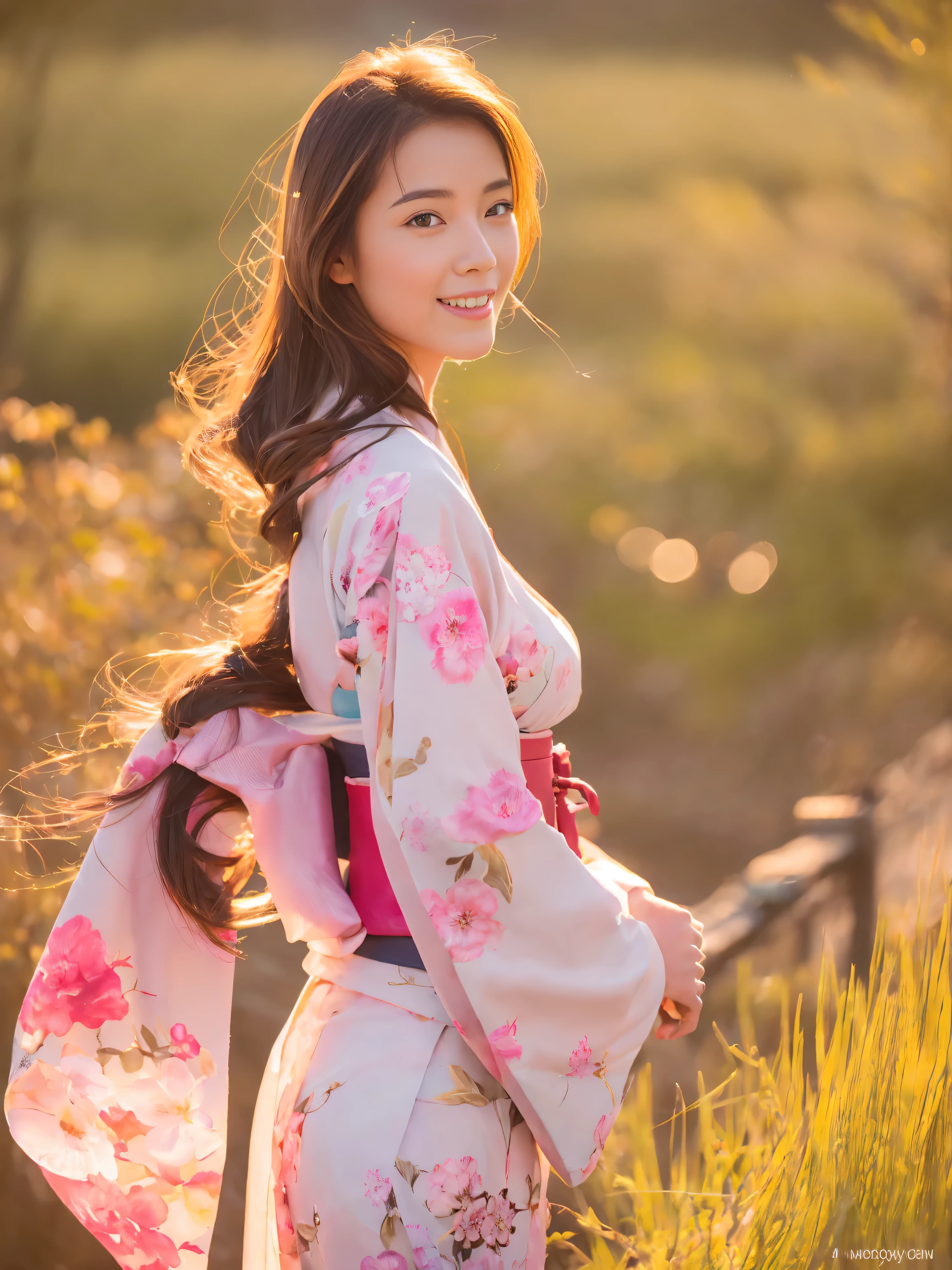 Masterpiece, (realistic:1.5), realistic eyes, asian woman, best quality, beautiful light, professional lighting, Photon mapping, Radiation, Physical rendering,, Kamado Nezuko, 1 girl, black hair, forehead, hair ribbon, Japanese clothes, kimono, long hair, colorful hair, open mouth, pink eyes, pink kimono, pink ribbon, ribbon, smile, very long hair, sky, ((aged up)),, (raw photos, 8k uh, Film texture)((Half body Portrait of Beautiful Young Japanese Woman )),((( Wear a sexy kimono)))((One shoulder open)) ((Soft curve)) (( Traditional kimono outfit)), High-class Lady,( Meiji Fashion Style),(( Vintage Color Photo)),((Outdoor photography in a beautiful meadow)) (( In the background is Mount Fuji with snow covering the top.)), ((Good weather and Bright clear sky above)), Soft shadows Super-Resolution, Megapixel, ProPhoto RGB, VR, Spotlight, Frontlight, Halfrear Lighting, Backlight, Rim Lights, Rim Lighting, Artificial Lighting, Natural Lighting, Incandescent,The images are very realistic.,documentary photography, Photos for advertising,fashion for travel,Japan