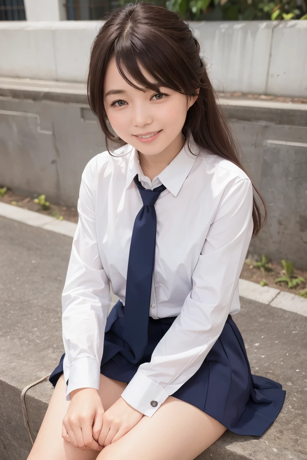 1girl,((school uniform)),light smile, sitting,outdoors,