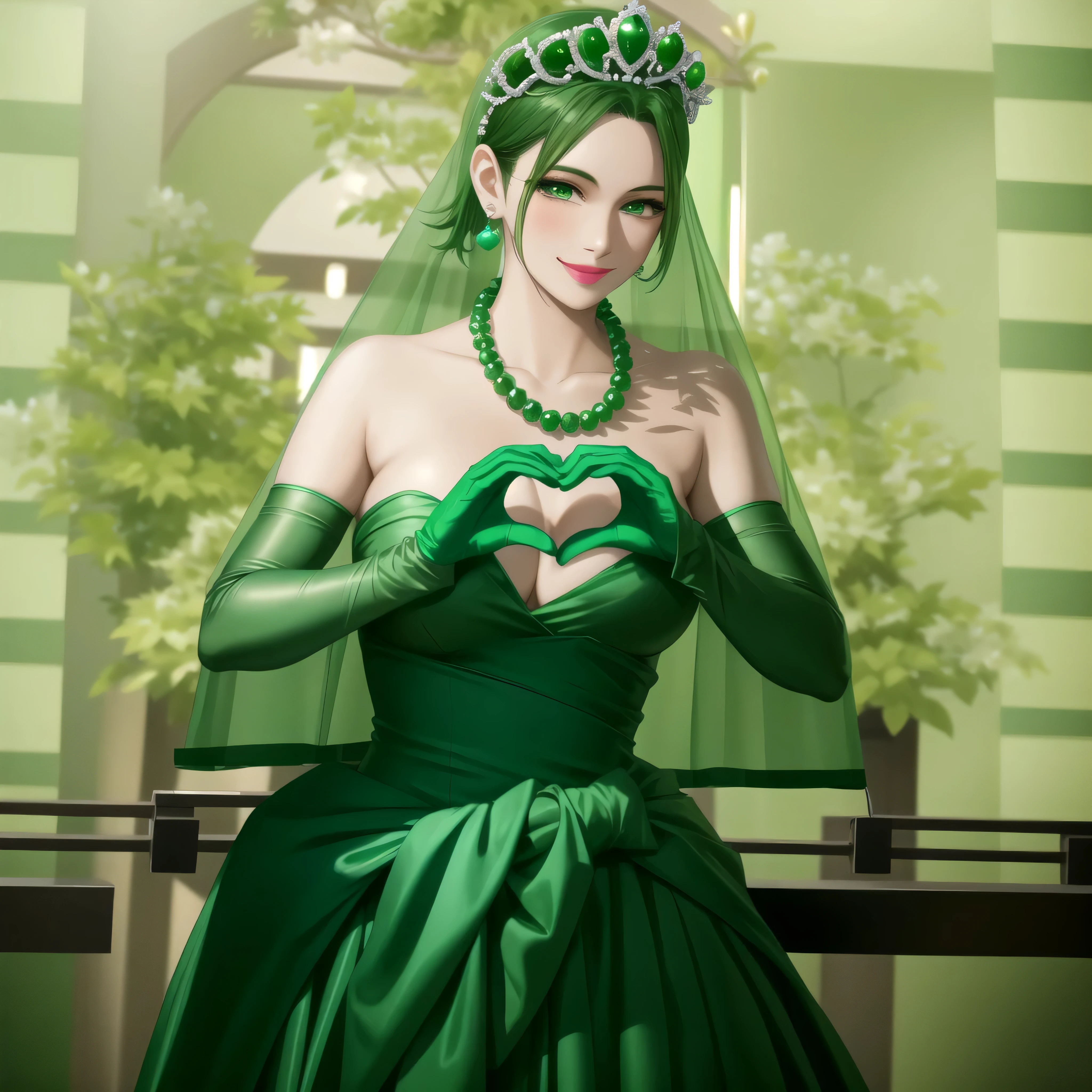 Emerald Tiara, Green Pearl Necklace, boyish very short green hair, Green Lips, Smiling Japanese woman, Very short hair, Beautiful woman with big breasts, Green Eyes, Green satin long gloves, Green Eyes, Emerald Earrings, Green Vale, Heart with both hands, Green Hair, Beautiful Japanese Women, Heart shaped hands:1.3, green lip gloss