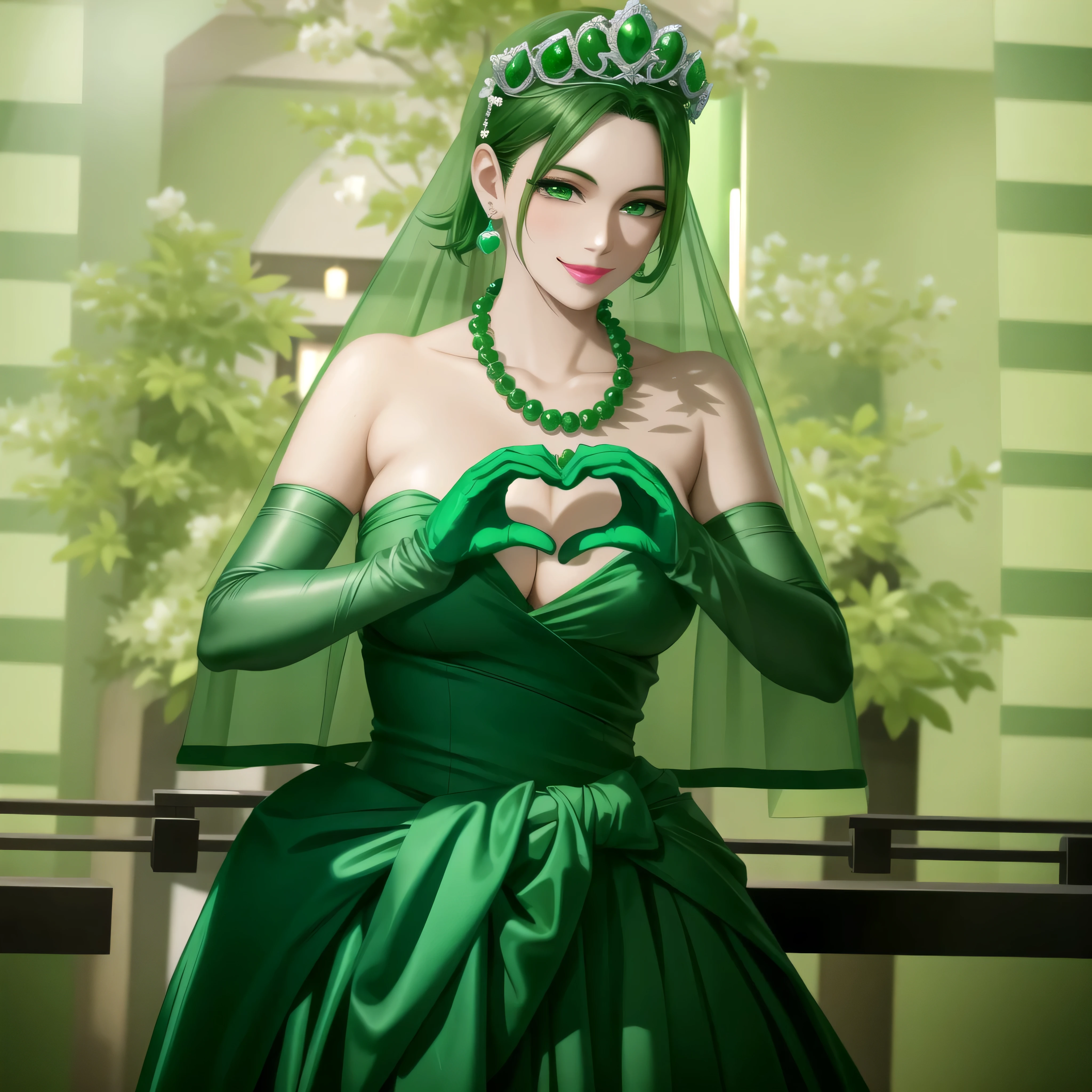 Emerald Tiara, Green Pearl Necklace, boyish very short green hair, Green Lips, Smiling Japanese woman, Very short hair, Beautiful woman with , Green Eyes, Green satin long gloves, Green Eyes, Emerald Earrings, Green Vale, Heart with both hands, Green Hair, Beautiful Japanese Women, Heart shaped hands:1.3, green lip gloss