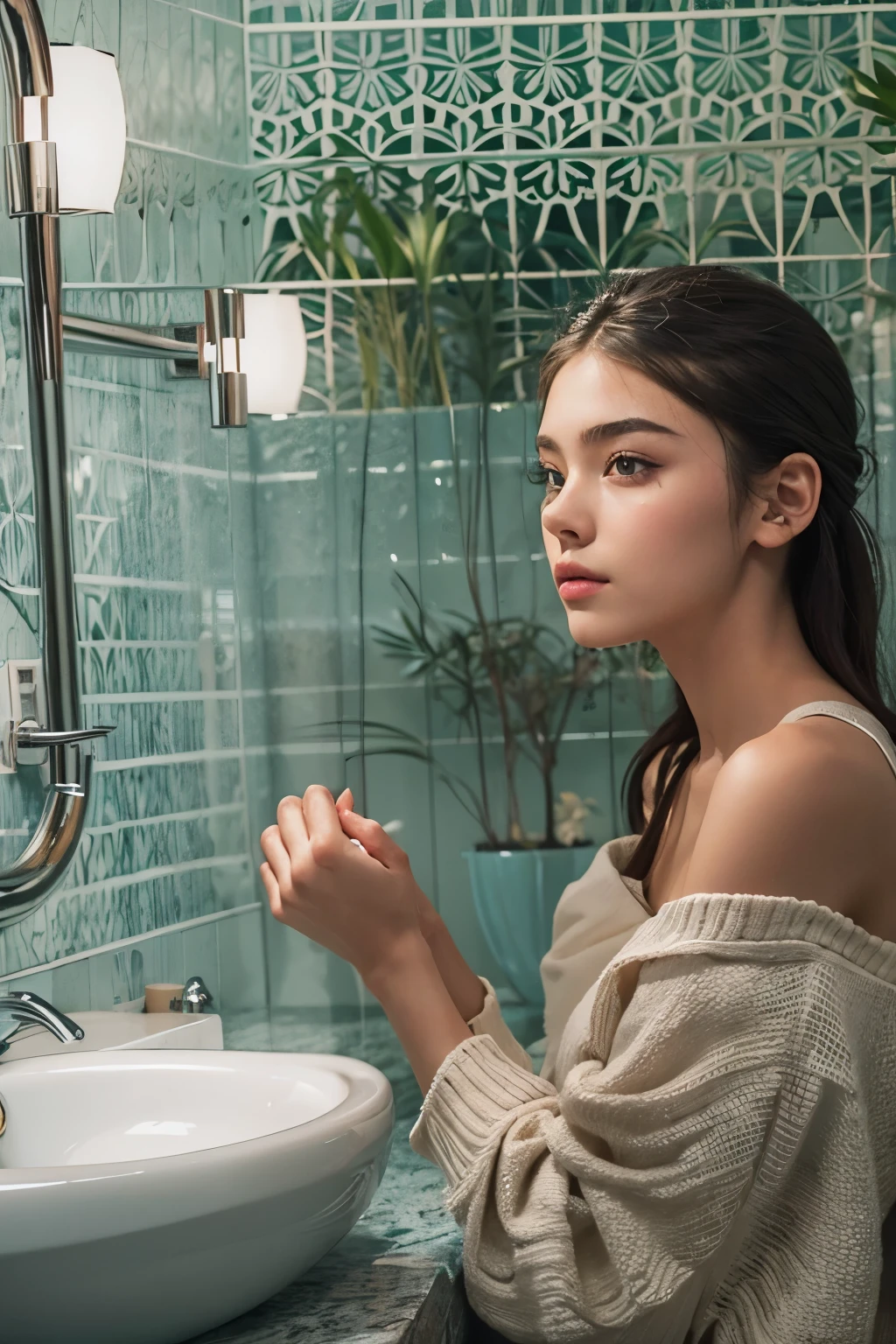 ((best quality)), ((masterpiece)), (detailed), perfect face, Araped woman with pulled back hair, Mint-colored, stylish bathroom, Madison Beer, without makeup, Profile picture, Use Instagram Filters, Subtle soft and dim light,  perfect face, julia sardinian, perfect hands, Random Actions, Full-body view, 