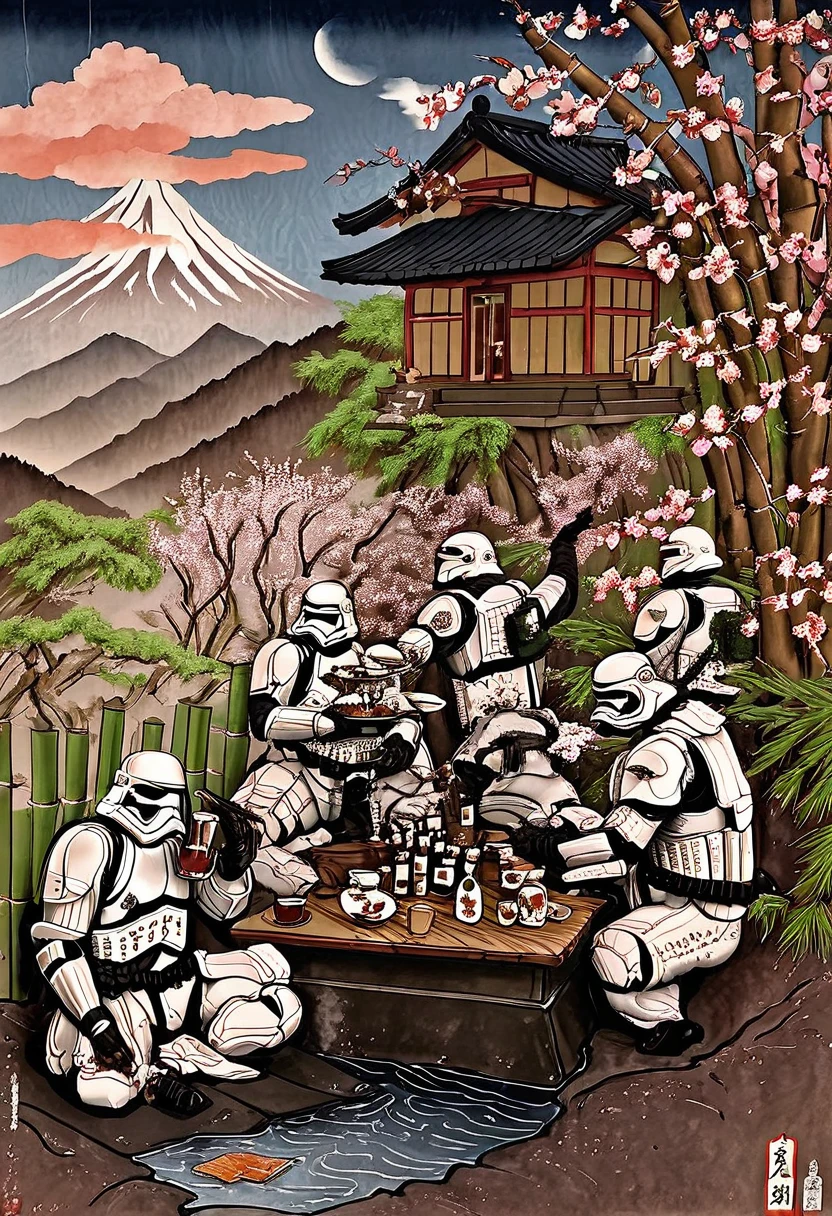 A photorealistic image in the style of a water-ink painting that captures the essence of Japanese Ukiyo-e art. The subject is a group of four stormtroopers relaxing at a bathhouse, some bathing, some drinking tea, against a backdrop of bamboo, cherry blossoms and clouds over Mount Fuji. The paper should have an aged, vintage look to give a sense of historical depth. The color palette should be subdued, with low saturation to mimic the traditional Ukiyo-e style. The lines should be fluid and elegant. The atmosphere should be serene. 