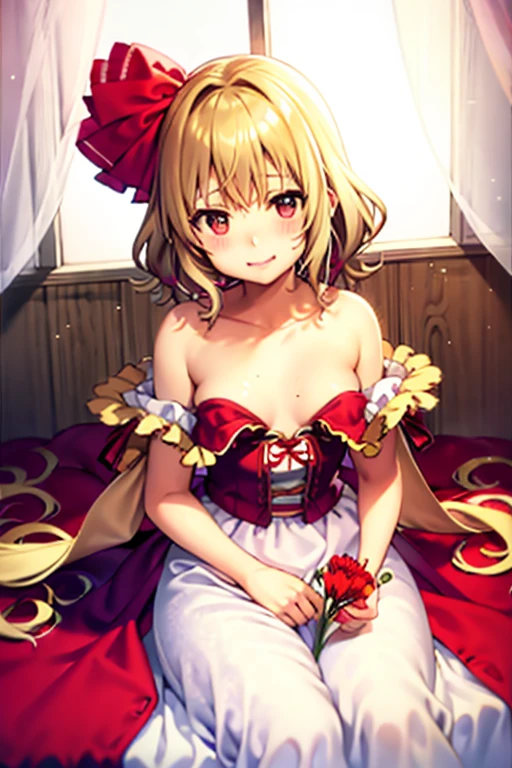 Tabletop, highest quality, One Girl,Flanders Scarlet,Blonde side ponytail、It has colorful feathers、Red dress、Undressing、blush、H cup breasts、blush、Laughter、magical girl