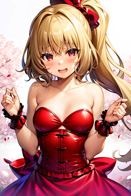 Tabletop, highest quality, One Girl,Flanders Scarlet,Blonde side ponytail、It has colorful feathers、Red dress、Undressing、blush、H cup breasts、blush、Laughter、magical girl