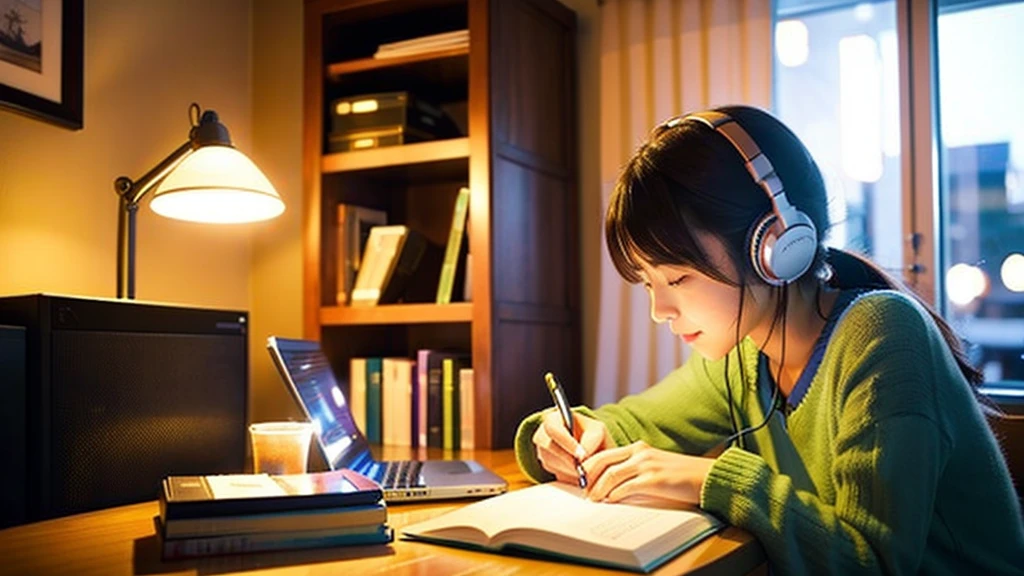A cute Japanese girl studying or working at her desk、relax、night、Real、focusing、Gentle feeling、wearing headphones、Side view、LO-FI photos、窓の質はnightの街