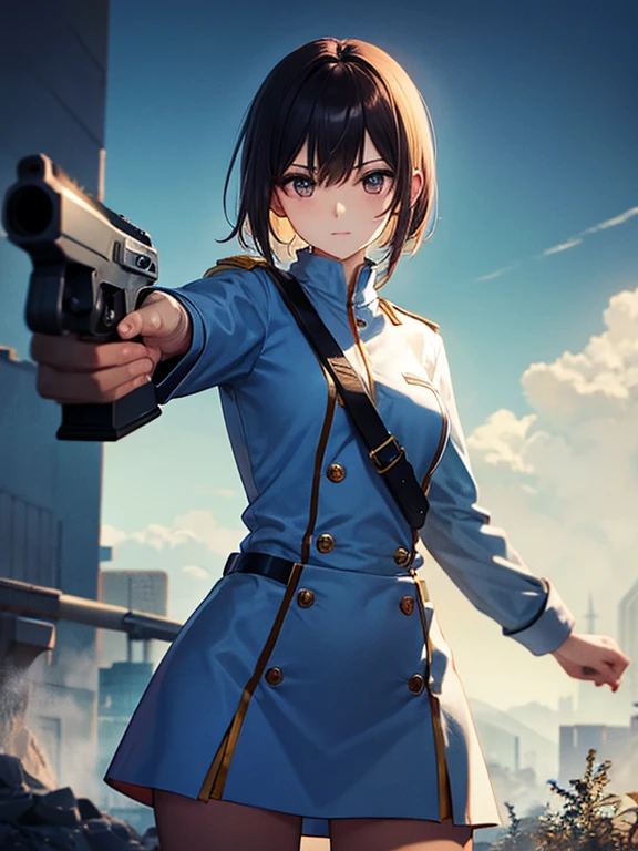 woman　slender　Slender　Small waist　Medium chest　uniform　uniform　Half naked　Completely naked　Light clothing　Handgun　２Ding Pistol　Backwards　Landscape　Prone　Huge vibrator　Giant