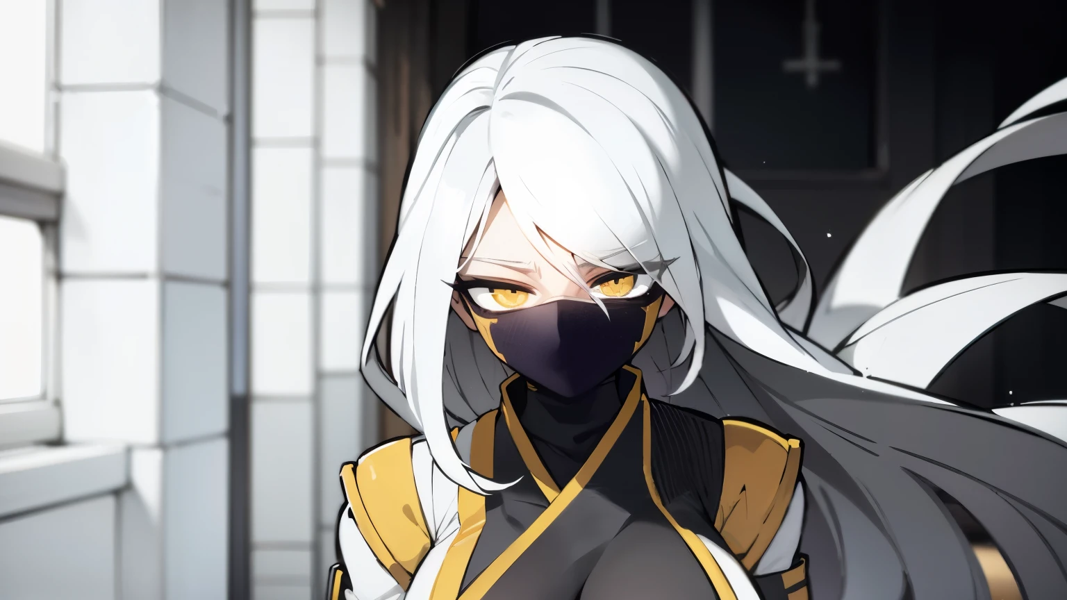 (best quality,highres),tall woman with a big bust smiling towards the camera, removing a black mask with her white hair and yellow eyes, dressed in a white ninja costume with blood stains, holding a gun crying
