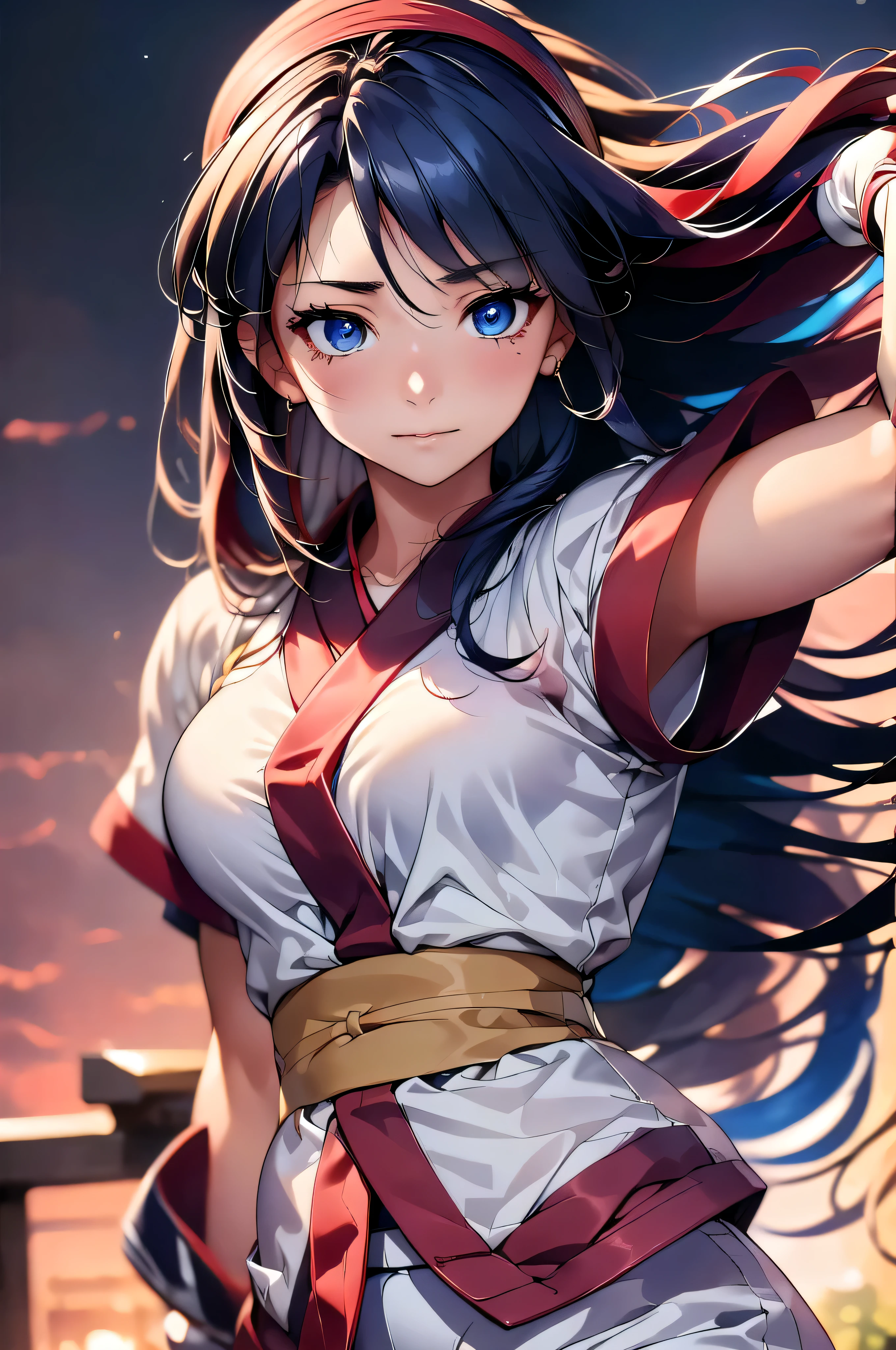 masterpiece, highest quality, Perfect Face, Highest Resolution, Highest quality,Detailed depiction of the eyes,Nakoruru, 1 girl, , Long Hair, Ainu costume,  hair band, deepblue hair, fingerless gloves, Short sleeve, bangs, red hair band, midnightblue eye color, White Pants, kimono, Perfect Anatomy, short sword, violence, blood, Bloodshed