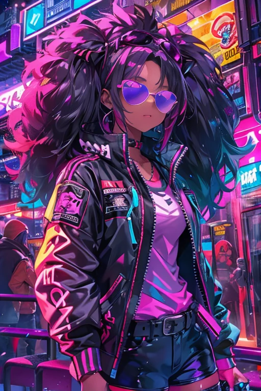Amidst the vibrant neon glow of the night district, A girl, cool, cold-hearted, Gaming t-shirts decorated with rainbow-colored lights, large two-tone afro, added an extra burst of luminescence to her appearance, Sunglasses shielded her eyes, adding an air of mystery to her person